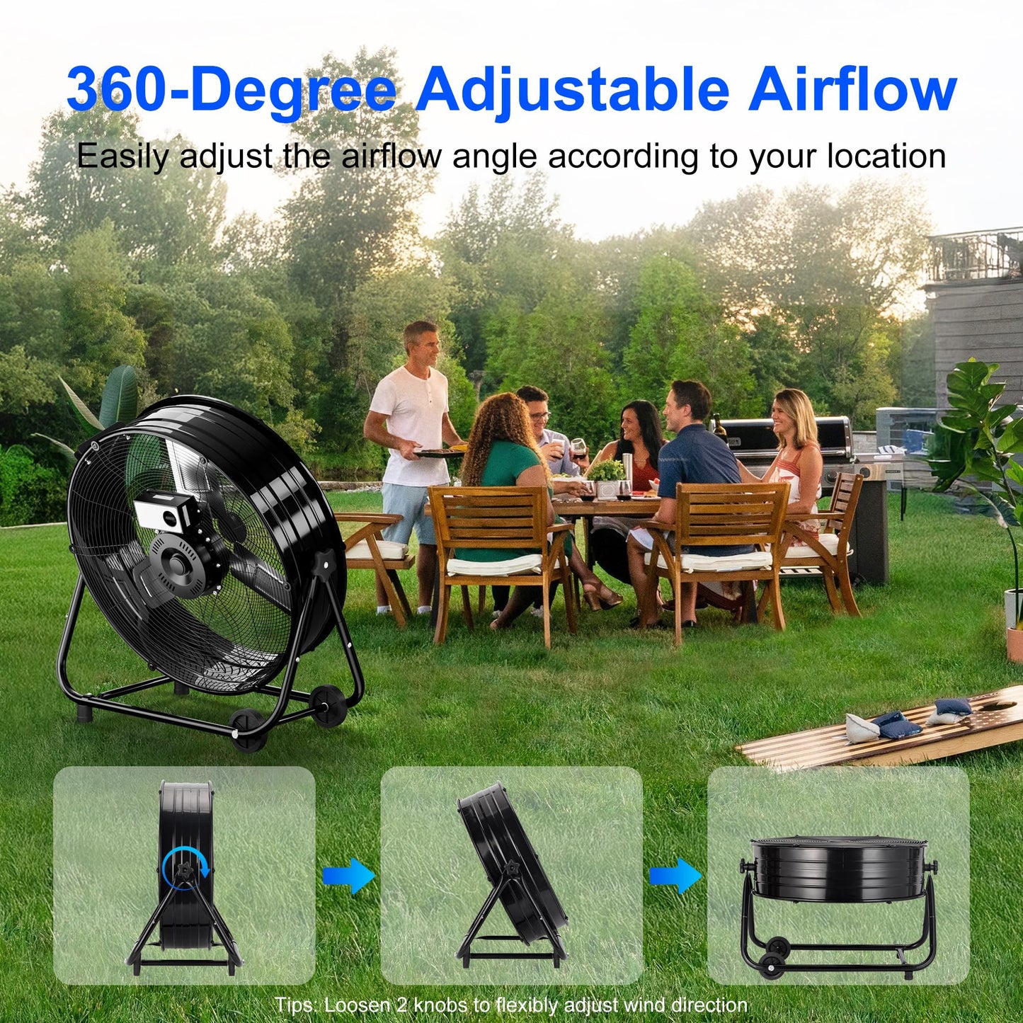 Uthfy 24 Inch High Velocity Floor Fan, 8800CFM Heavy Duty Industrial Drum Fan with 3 Speeds, 360° Tilt Metal Garage Fan with Wheels for Warehouse, Commercial, Workshop, Factory and Gym, Black