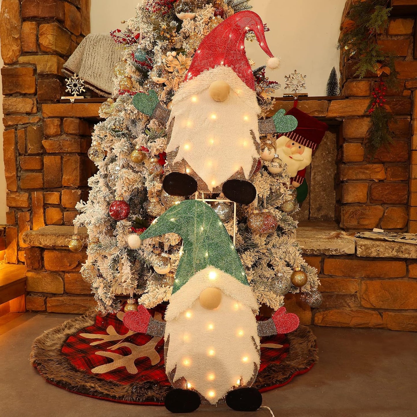 Waterglide Lighted Christmas Tinsel Gnomes - 24 Inch Pre-Lit 2D Stacked Gnome Decorations for Indoor/Outdoor Holiday Decor