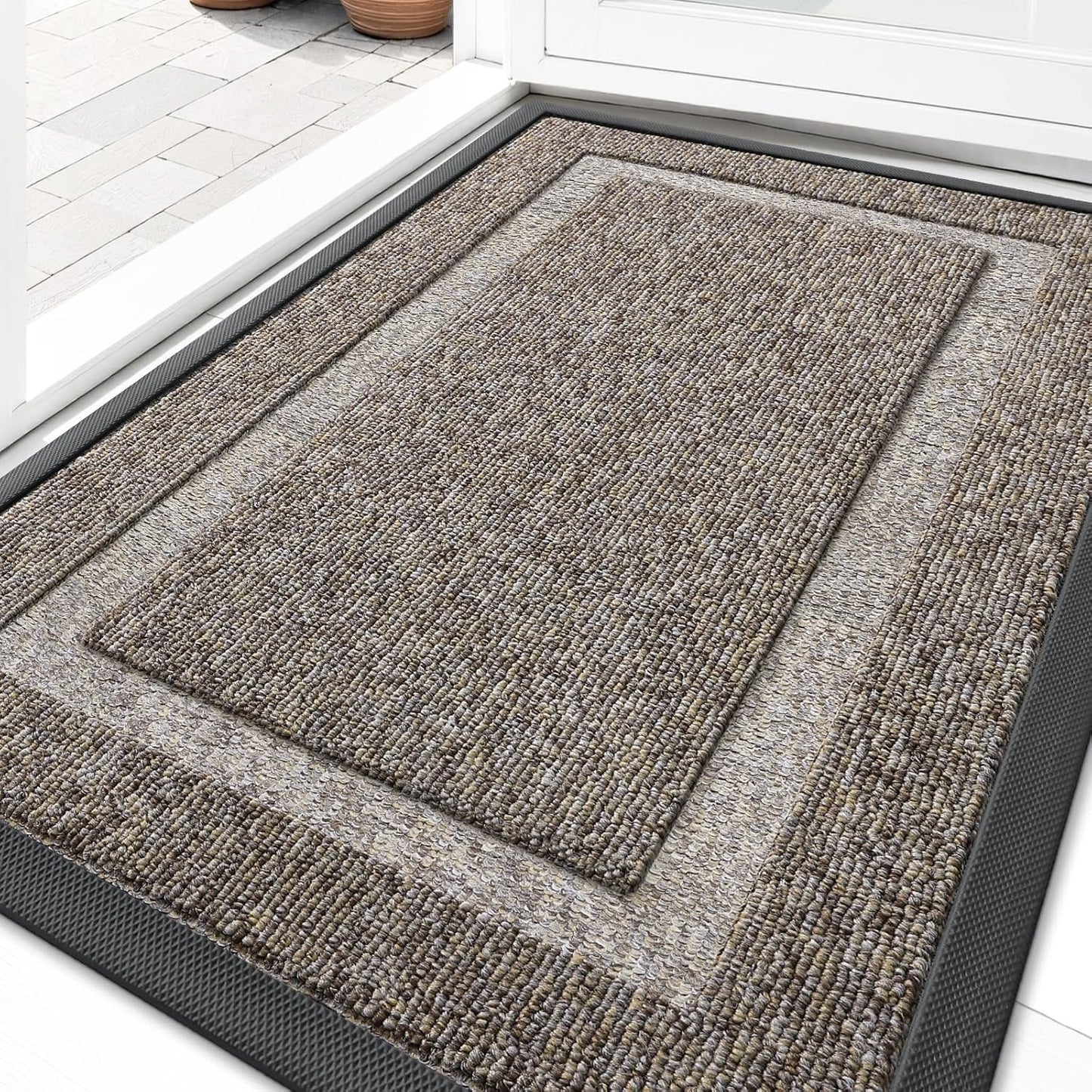 OLANLY Waterproof Front Door Mat - All-Season Indoor/Outdoor Doormat, Easy Clean, 29.5x17, Khaki & White