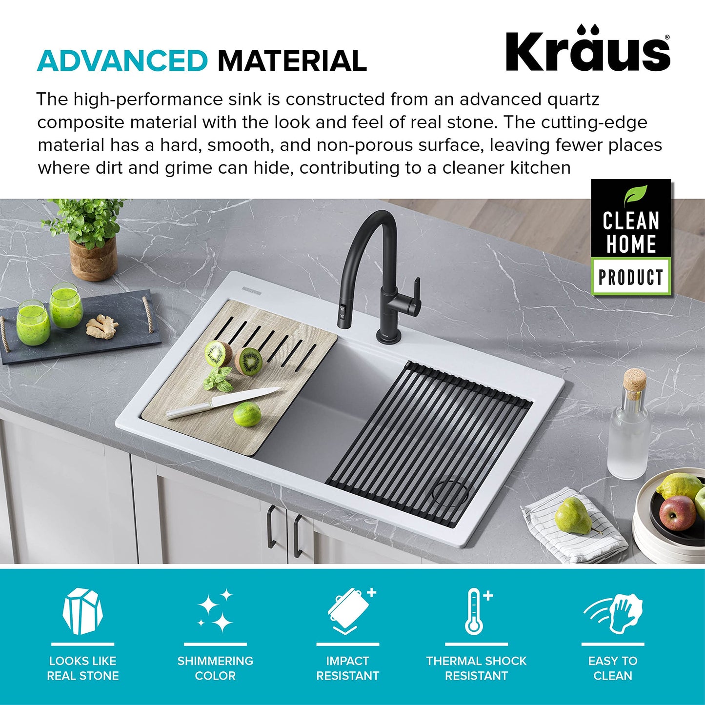 KRAUS Bellucci Workstation 33 in. Drop In Single Bowl Granite Kitchen Sink in White with Accessories, KGTW1-33WH
