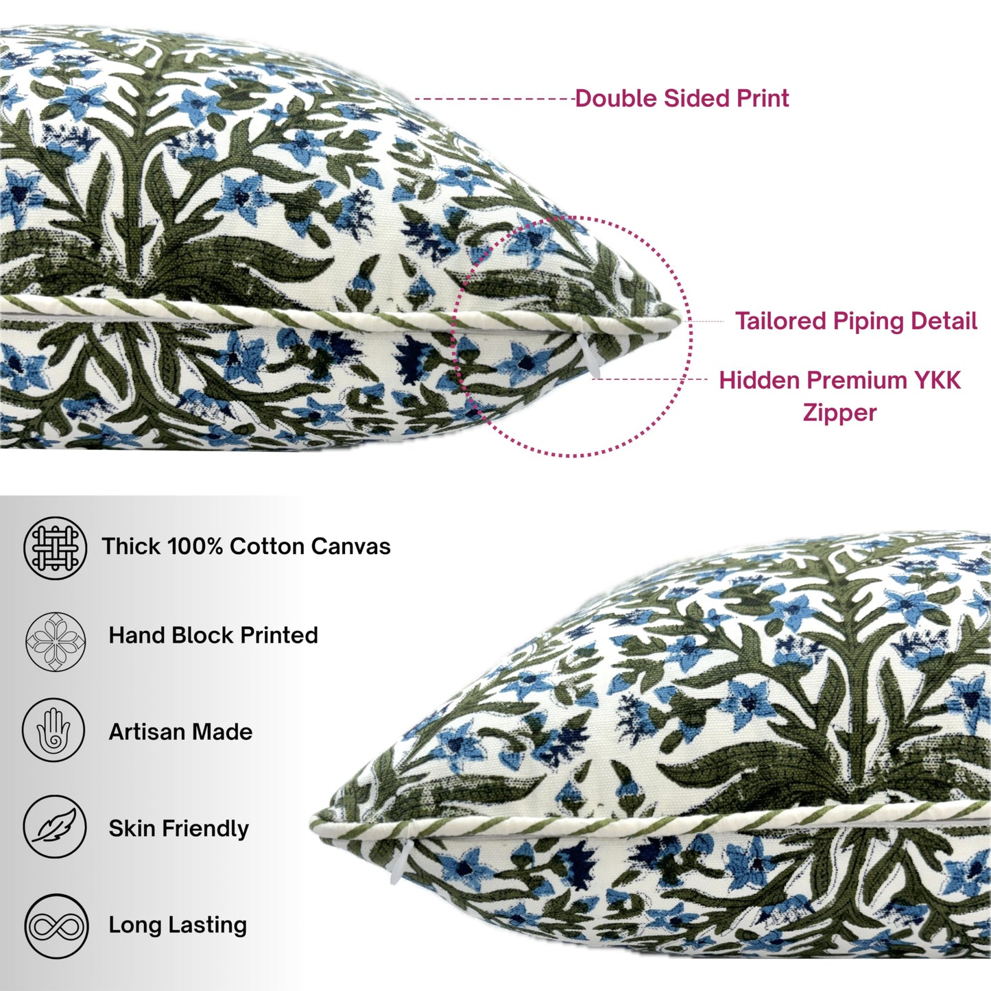 ATOSII Block Print Throw Pillow Cushion Covers, 24" X 24" - Set of 2, Decorative Couch Pillows for Living Room Bed Sofa, 100% Cotton Canvas Pillow Case for Home Decor & Outdoors - Nargis Blue