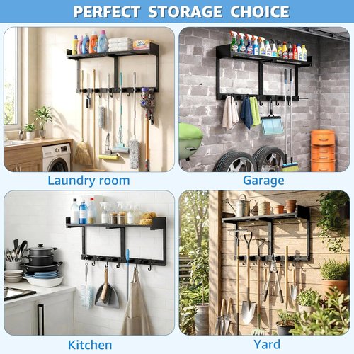 HUFAND Broom Holder Wall Mount - Heavy Duty Mop & Broom Organizer with Top Shelf & Hook | 27" Black Utility Rack for Laundry, Garage, Kitchen, Garden