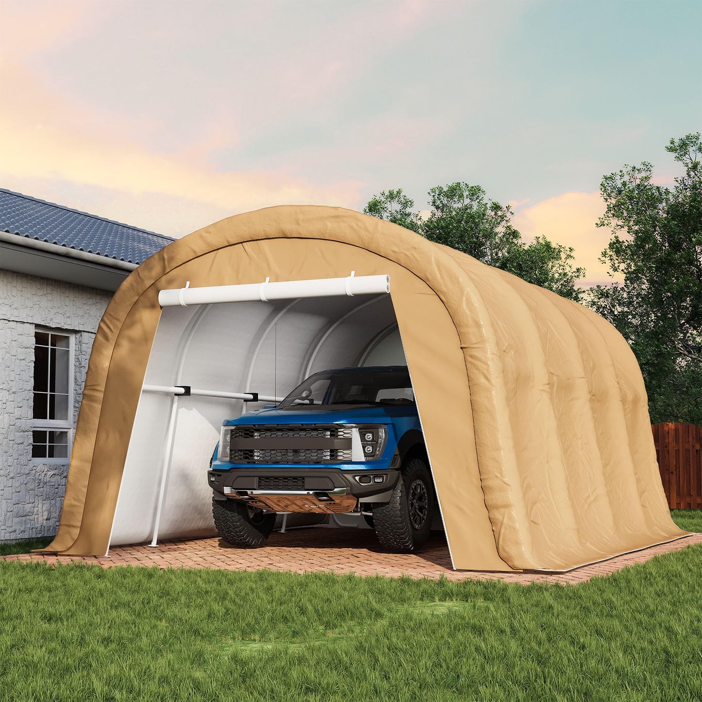 COSIEST 13'×20' Storage Shelter Outdoor Round Carport, Heavy-Duty Garage Canopy with Dual Roll-Up Doors Weatherproof PE Cover, Multi-Purpose Vehicle/Tractor Shed for Backyard/Driveway/Farm(Beige)