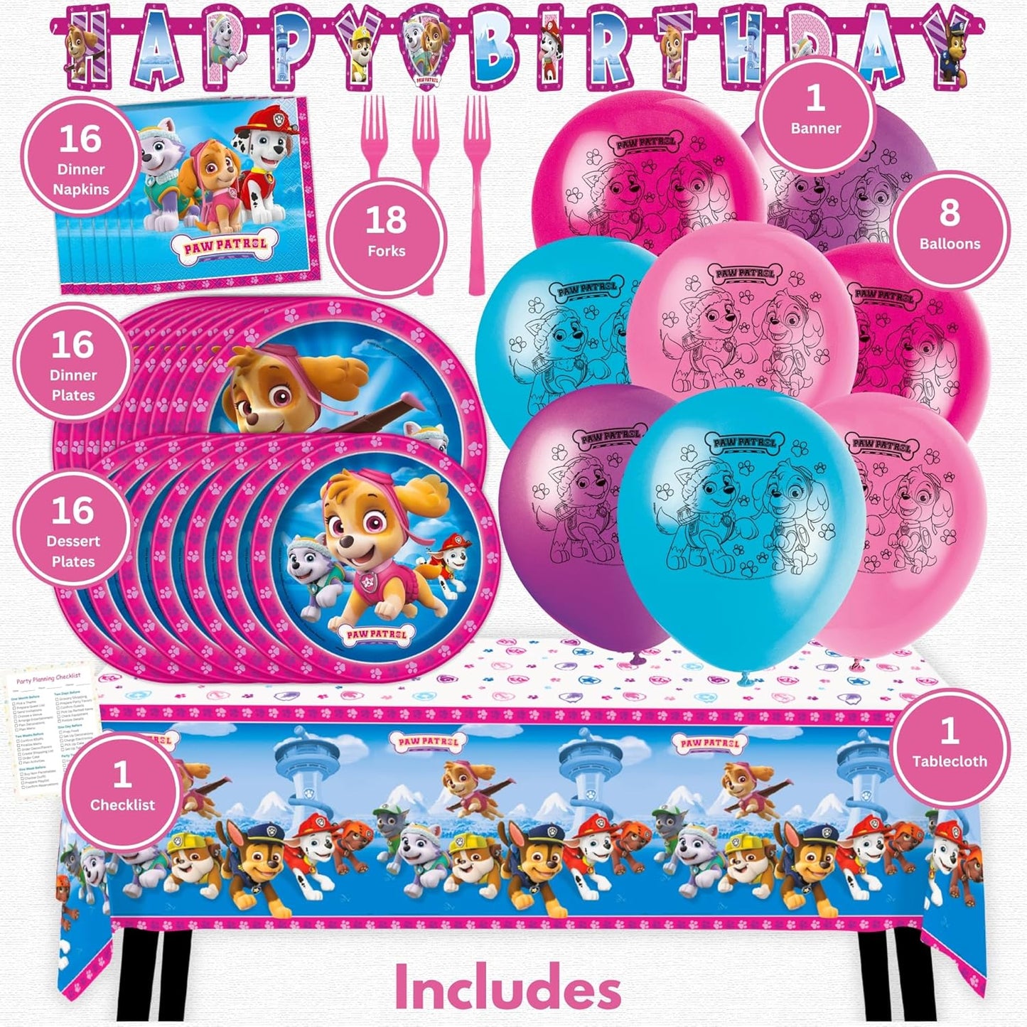 Skye Paw Patrol Birthday Decorations - Complete Party Set for 16 with Plates, Napkins, Banner & More