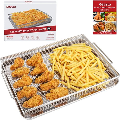 Geesta Air Fryer Basket - Extra Large 16.5” x 12.5” Stainless Steel Crisper Tray with 50 Recipes | Oven Accessories for Crispy Foods
