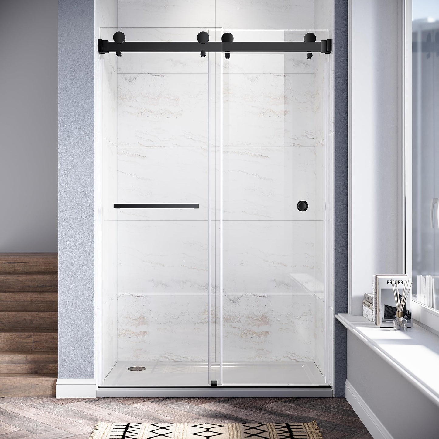 UKD01 46 to 49 in. W x 76 in. H Double Sliding Frameless Shower Doors - Stainless Steel 3/8" (10mm) Certified Tempered Glass 49x76-MBL