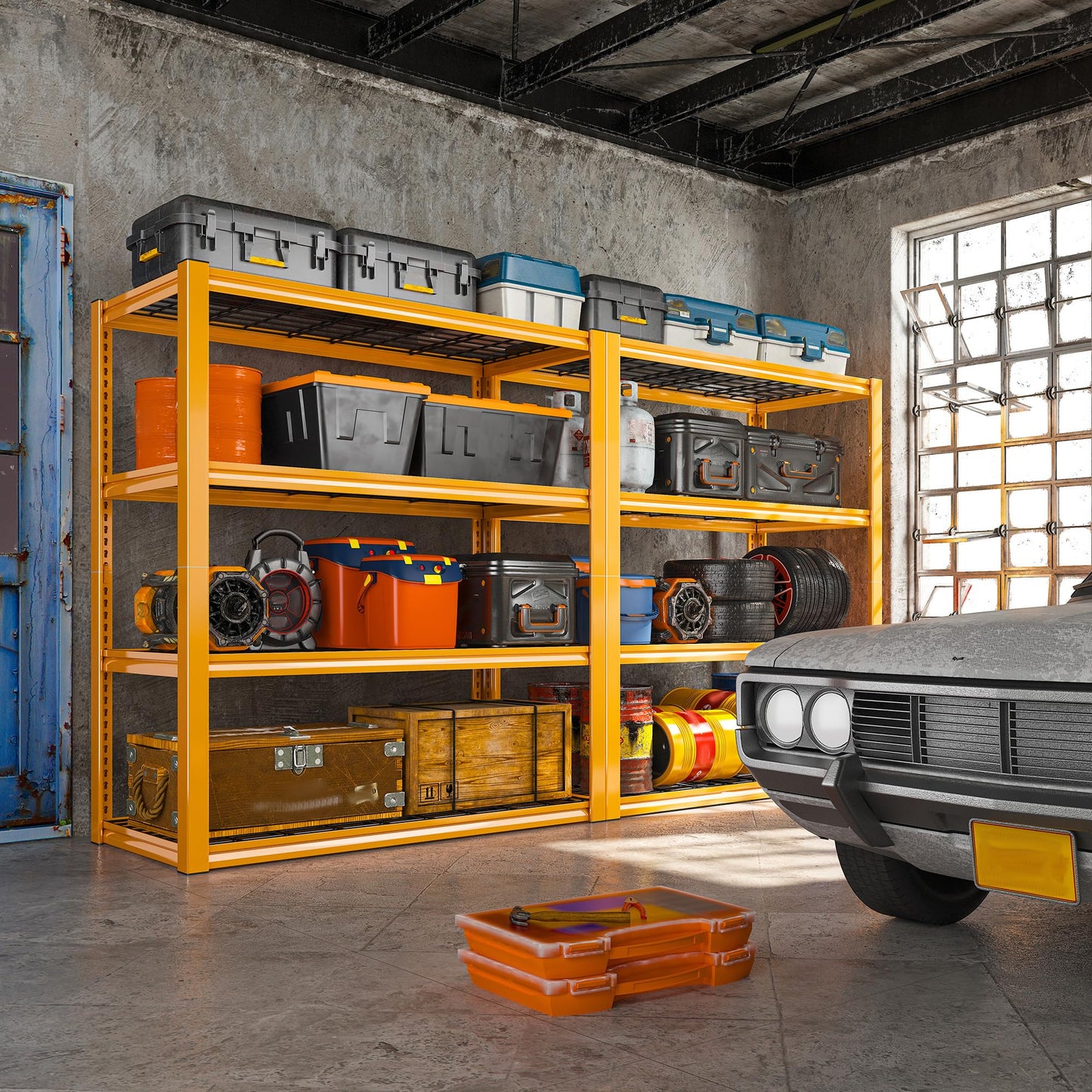 REIBII Garage Shelving Suitable for Garage Aesthetic‌, 40" W x 19.7" D x 59.9" H Heavy Duty Metal Shelving Load 2200LBS, Adjustable 4-Tier Storage Shelves for Garage Warehouse Basement Pantry, Orange