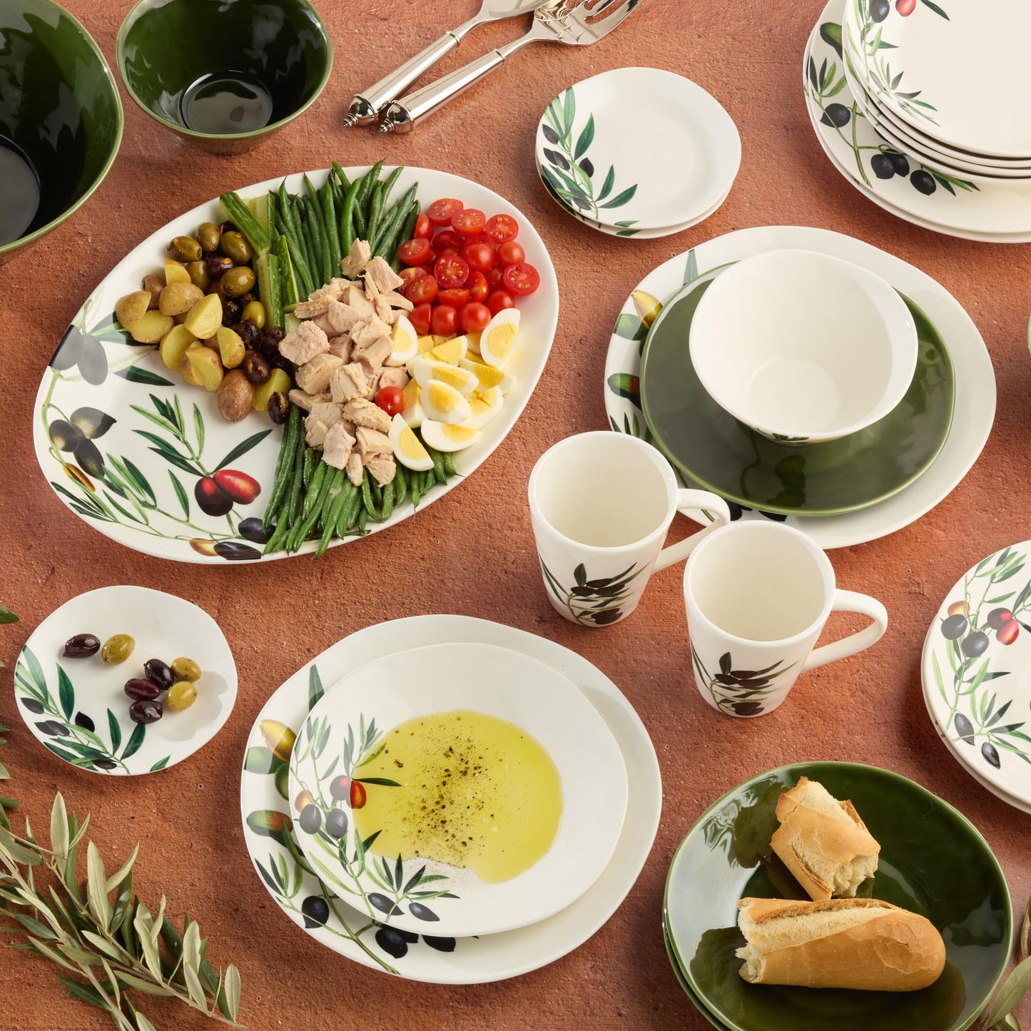 Olivia 16-Inch x 12-Inch Stoneware Oval Platter - Mediterranean Olive Branch Design with Vibrant Green and Earthy Tones, Perfect for Serving Appetizers and Main Courses