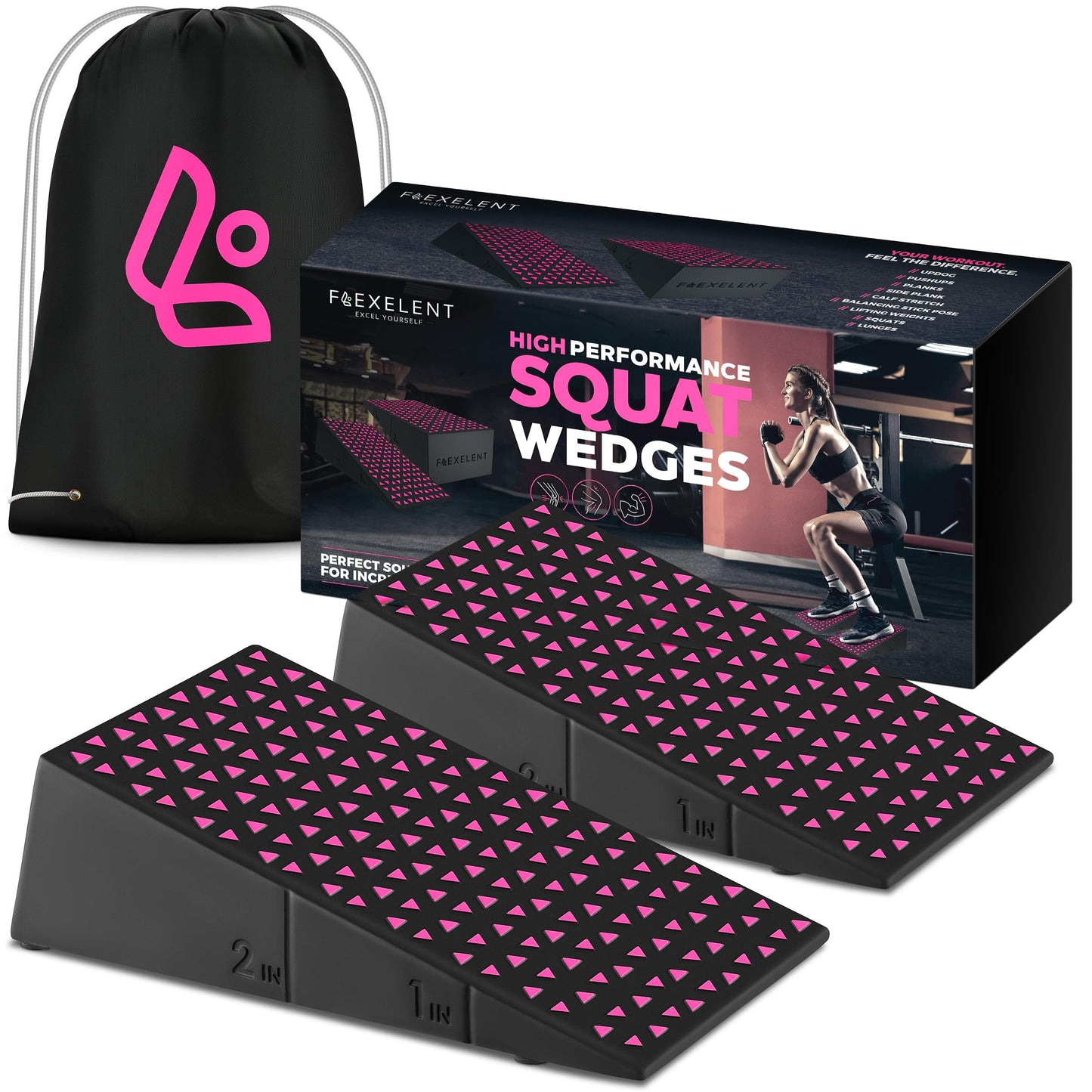 Flexelent Squat Wedge Block Pair - Heel Elevated Squat Wedge for Deeper Squats, Heavy Lifting and Better Form - 17° Angle Exercise Wedges, Slant Board for Squats with Carry Backpack - Pink Power
