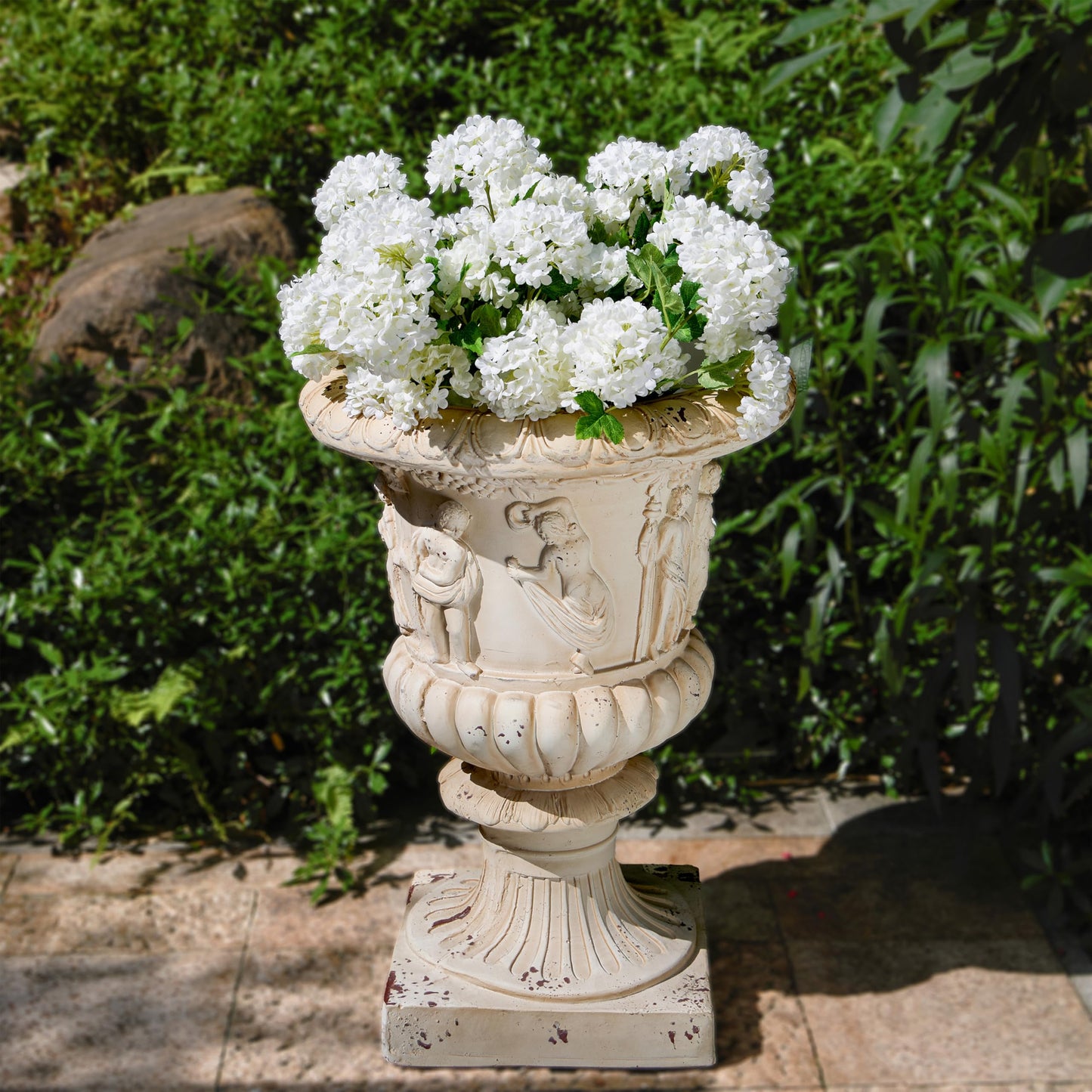 Christopher Knight Home Clara 27'' MGO Outdoor Planter, Mid-Century Modern Garden Urn, Floral Statue Design, Large Garden Pot, Flower Urn with Drainage Hole for Backyard Home, Antique White