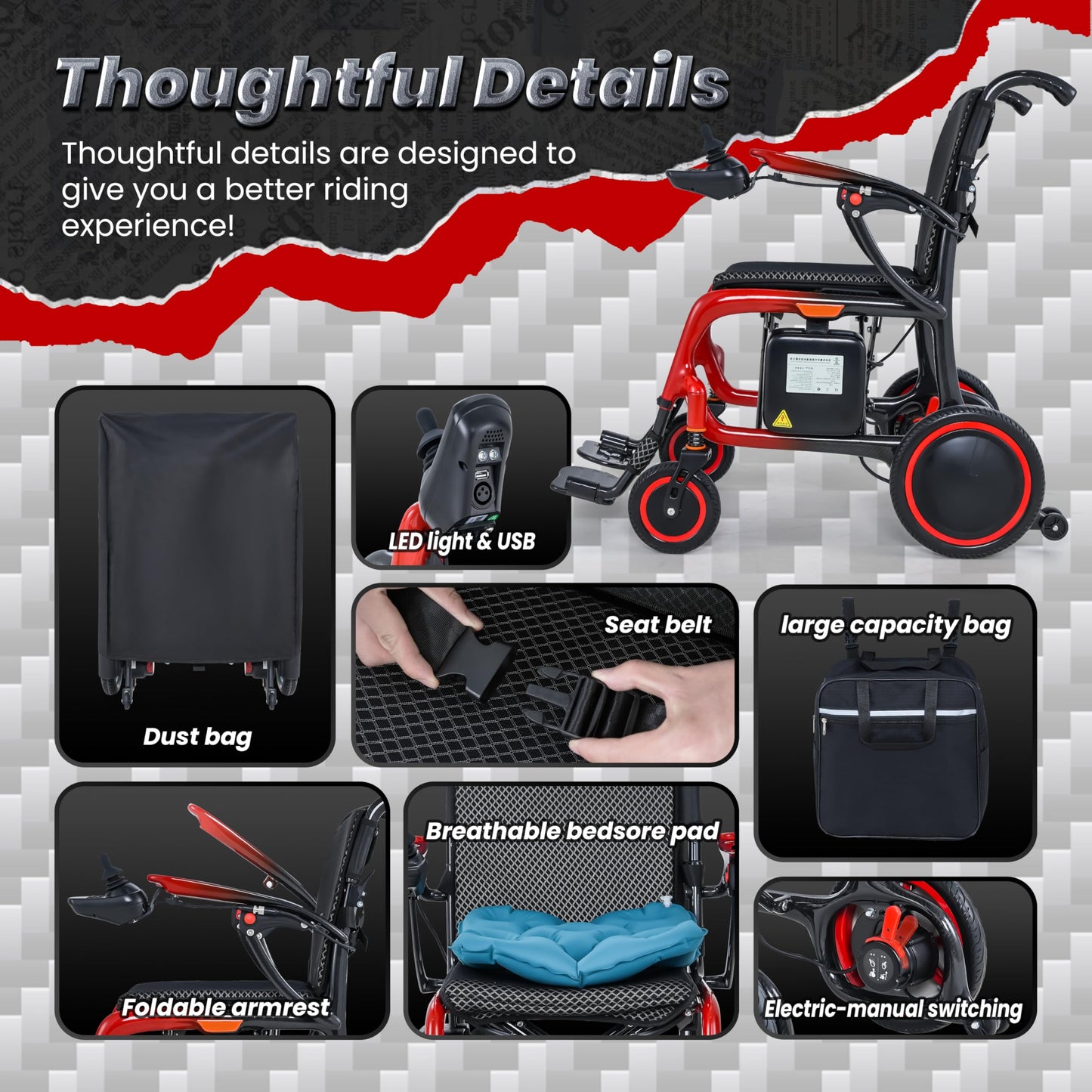 Ultralight 30+Mile Range 100% Carbon Fibre Electric Wheelchair, Upgraded Tyres All Terrains Power Wheelchair Airline Approved, Includes Inflatable Seat Cushion, LED Light, Backpack, Dust Cover
