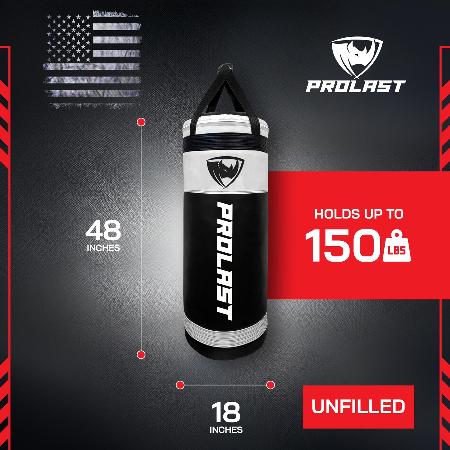PROLAST 4Ft XL 135Lb Heavy Punching Kicking Bag for Adults, Boxing, MMA, Martial Arts, Muay Thai, Strength Training Equipment, Unfilled, Special Edition Rhino Logo, Special Edition, White and Black