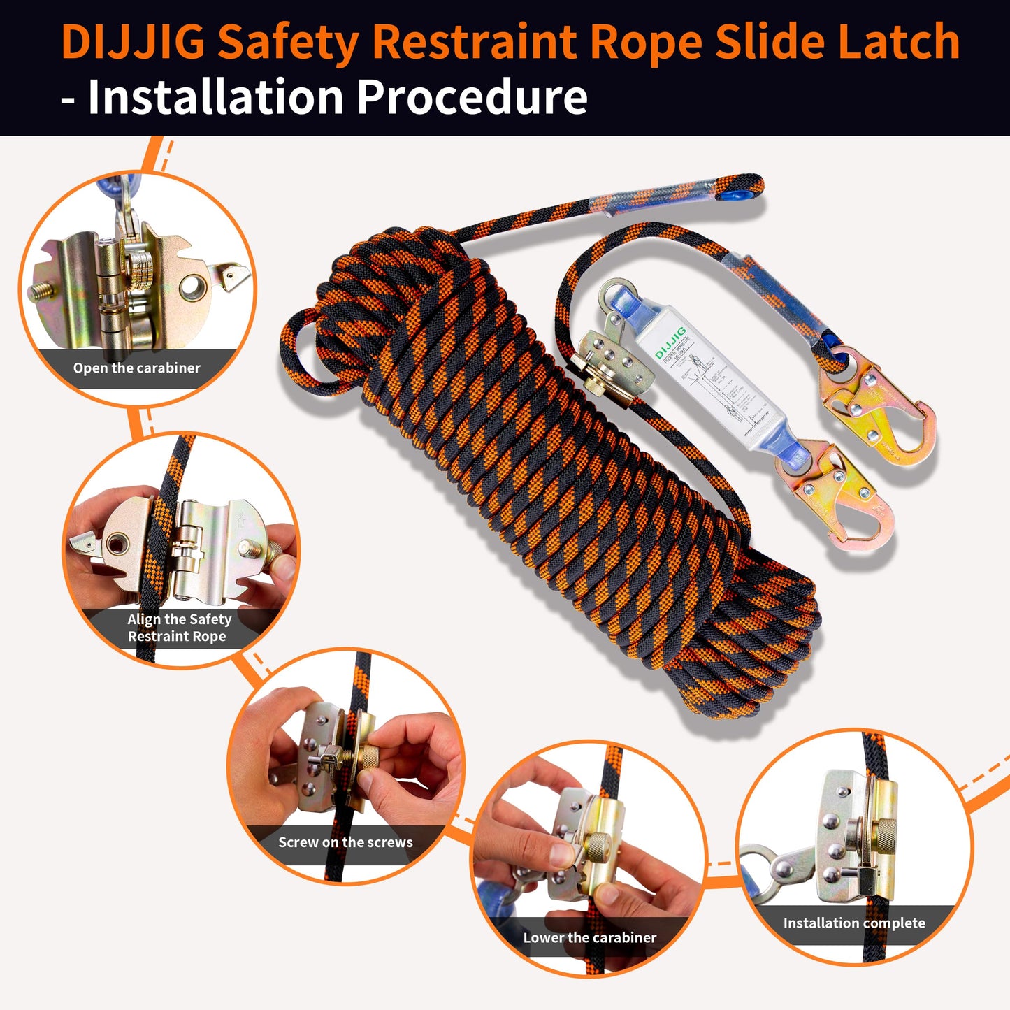 DIJJIG Rope Harness Safety Lanyard 25ft Vertical Roofing Rope With Grab Snap Hooks Shock Absorber Fall Protection Tree Climbing Line Kit Heavy Duty Roof Safety Equipment ANSI CE