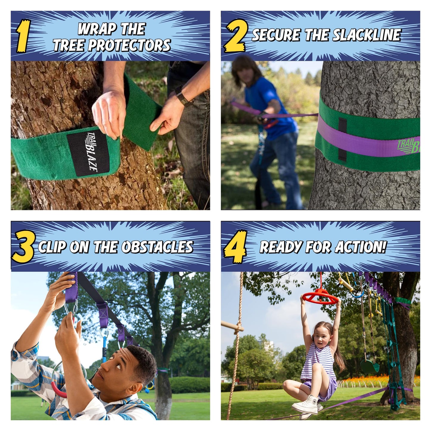 Trailblaze Ninja Warrior Obstacle Course for Kids - Ultimate Outdoor Fun 2x55 Ft Ninja Slackline Climbing Net Rope Ladder Trapeze Swing Monkey Bars - Durable and Safe Ninja Course for Kids Outside