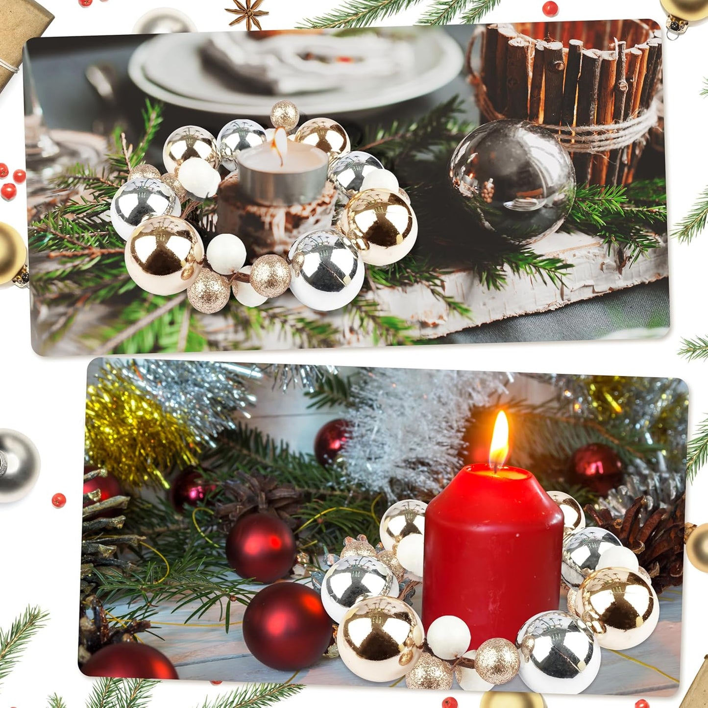 Regine Switzerland Christmas Ball Ornament Candle Rings - Gold & Silver Glitter | 3.2 Inch Candle Holders for Rustic Winter Decor