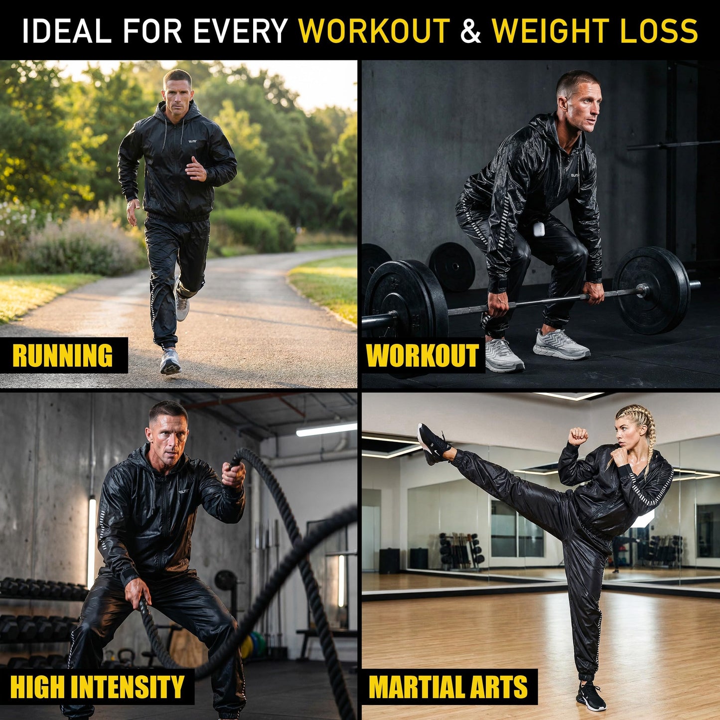 Elite Sports Zipper Sauna Suit for Men & Women – Weight Loss Full Body Hoodie Sweat Suit, Lightweight Anti-Rip PVC Fabric for Boxing, MMA, Gym Workout, Fitness Training Gear (Black, Large)