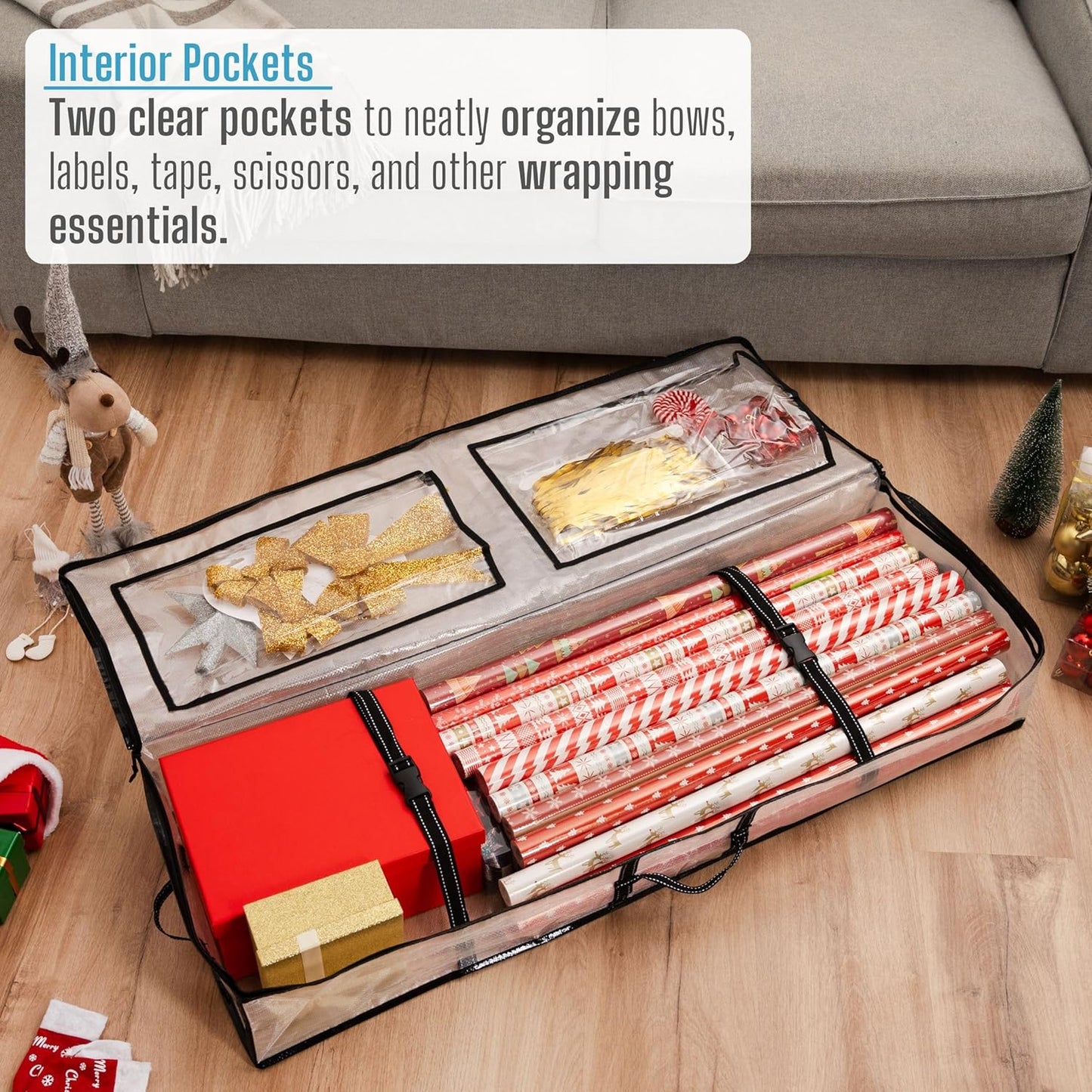 VENO Clear Wrapping Paper Organizer - 40-Inch Storage Box for Christmas Gift Bags & Holiday Accessories