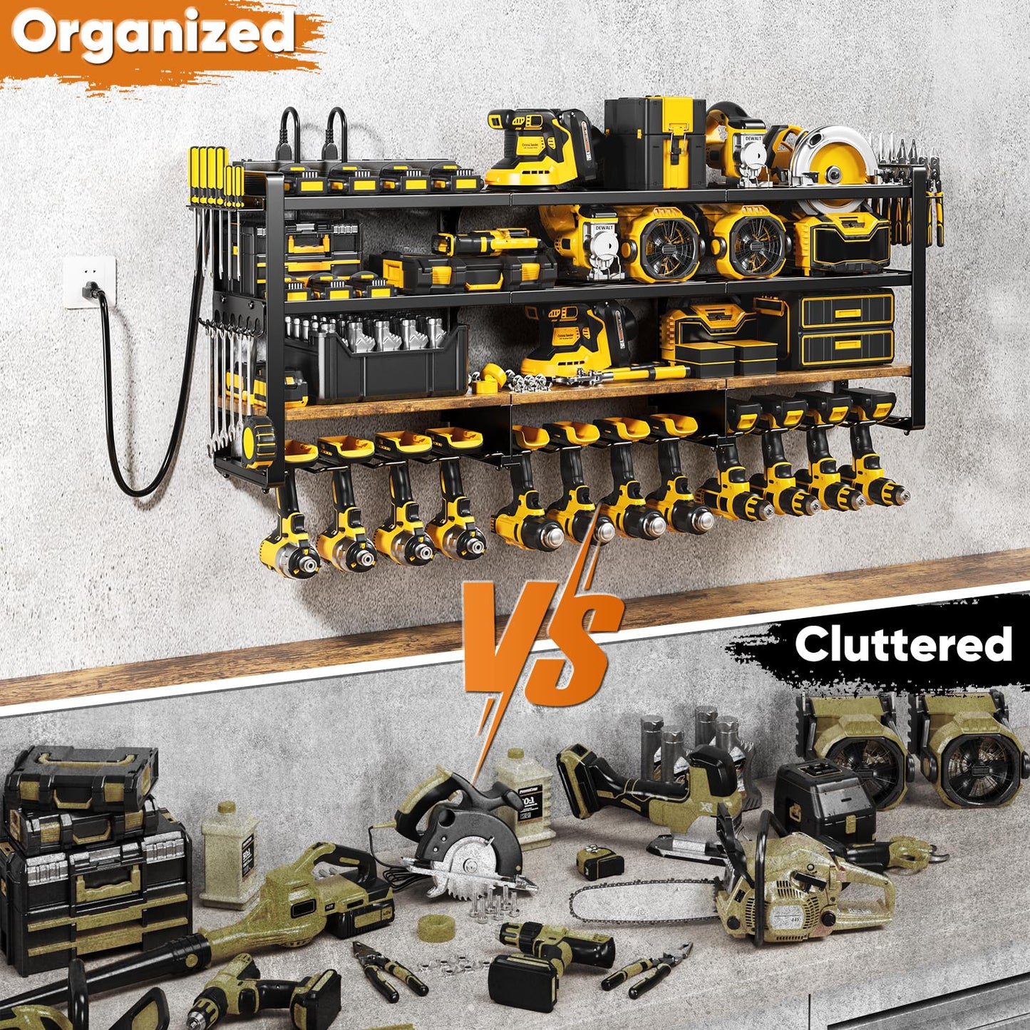POKIPO 49.5" W Large Power Tool Organizer with Charging Station, 4 Layer Heavy Duty Utility Rack Loads 800lbs, Holds 12 Cordless Drills, Wall Mount Tool Shelf with 8-Outlet Power Strip, Gift for Men