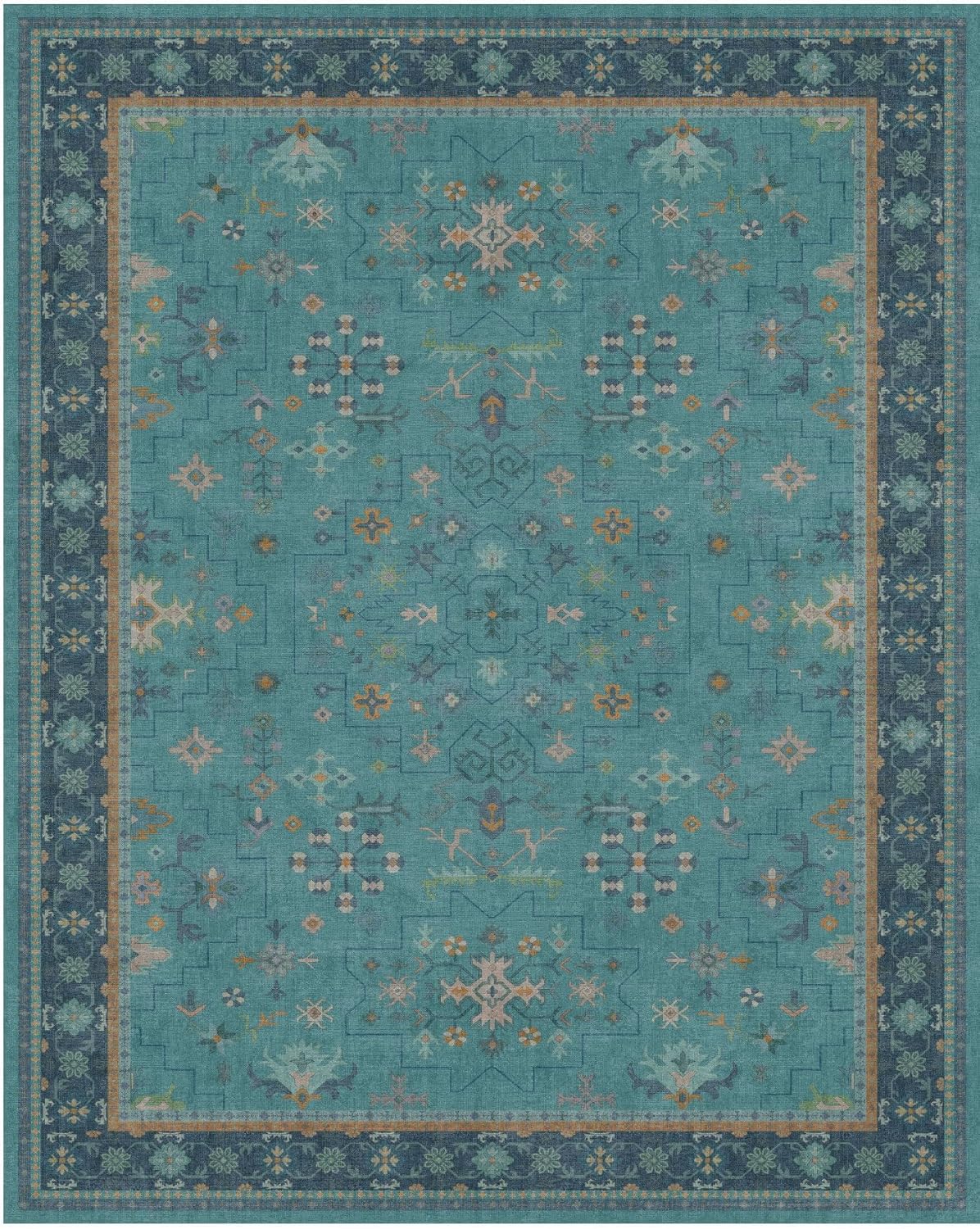 Skiennix Teal Area Rug - Washable Non-Skid Design for Entryway, Kitchen, Bathroom | Boho Geometric Style