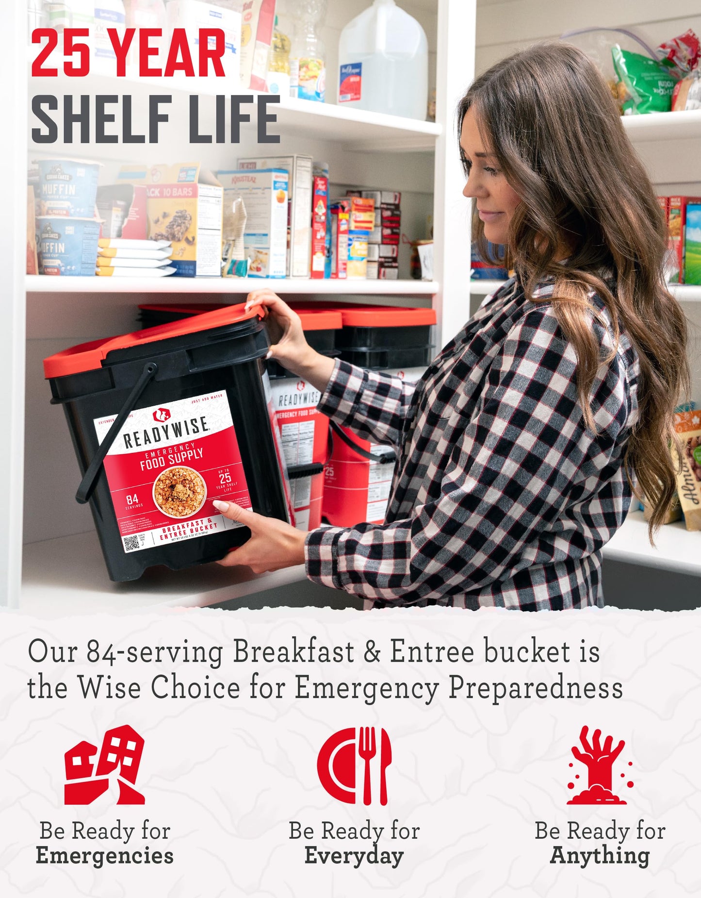 ReadyWise Emergency Food Supply - 84 Servings Breakfast & Entrée Bucket, Protein Meals, Dehydrated & Freeze Dried Food for Backpacking, Camping Essentials & Prepping Supplies, up to 25 Year Shelf Life