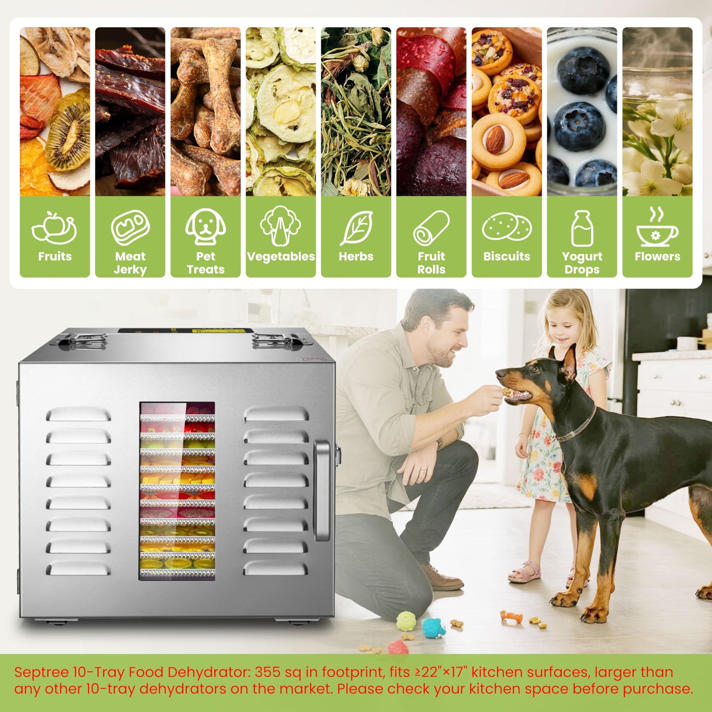 Commercial 10 Trays Food Dehydrator Machine for Jerky and Herbs Usable Area up to 24.65ft² and 194℉ Temperature 1000W Detachable Stainless Steel Dryer for Meat Fruit Mushrooms Beef Food Dark Silver