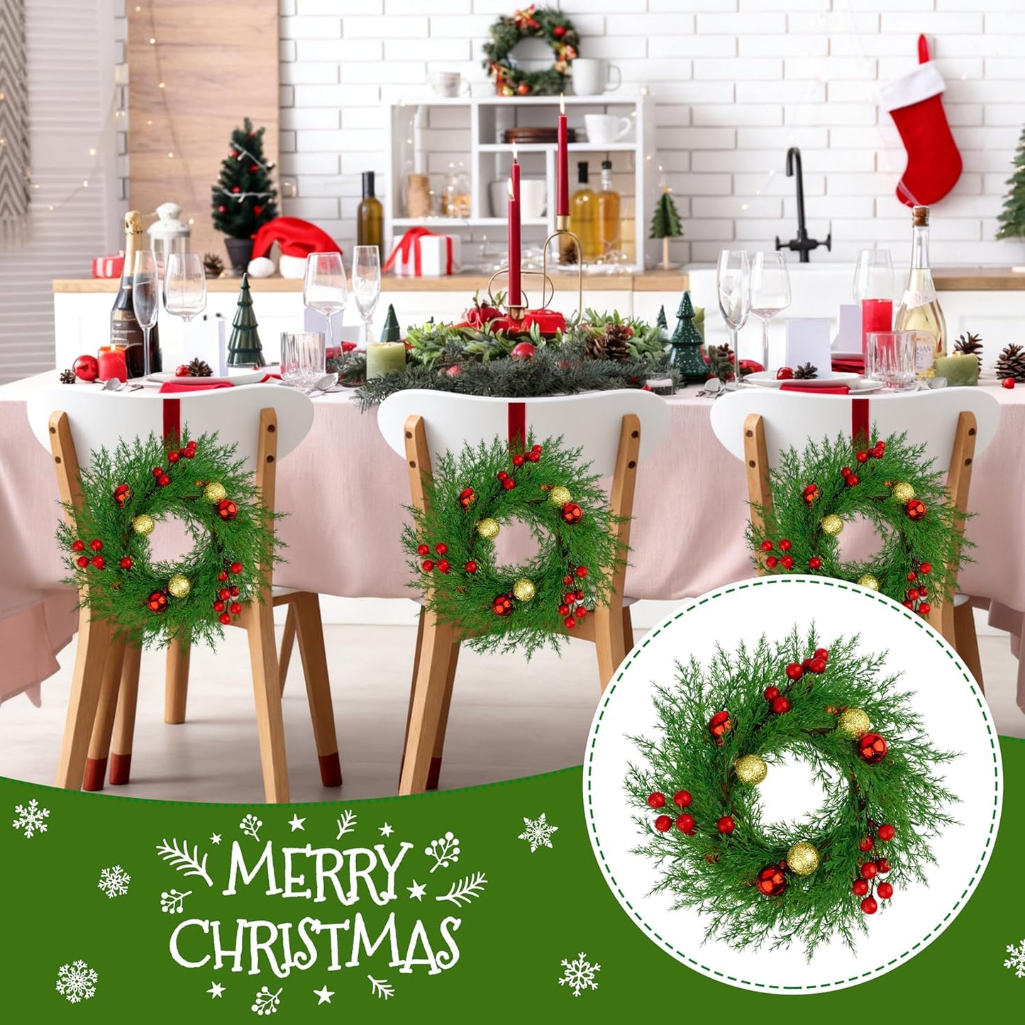 Regine Switzerland Christmas Candle Rings - 6 Pcs Mini Wreaths with Red Berries & Xmas Balls for Holiday Decor