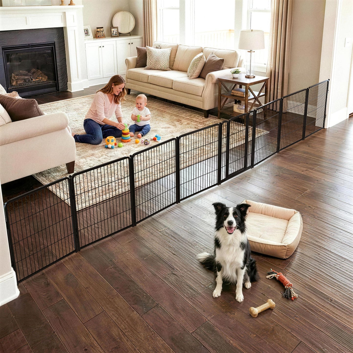 FXW Dog Gate Extra Wide Designed for Indoor Use, Adjustable Width Up to 219-inch Wide (32" H 8 Wire Panels for Small and Medium Dogs), Black