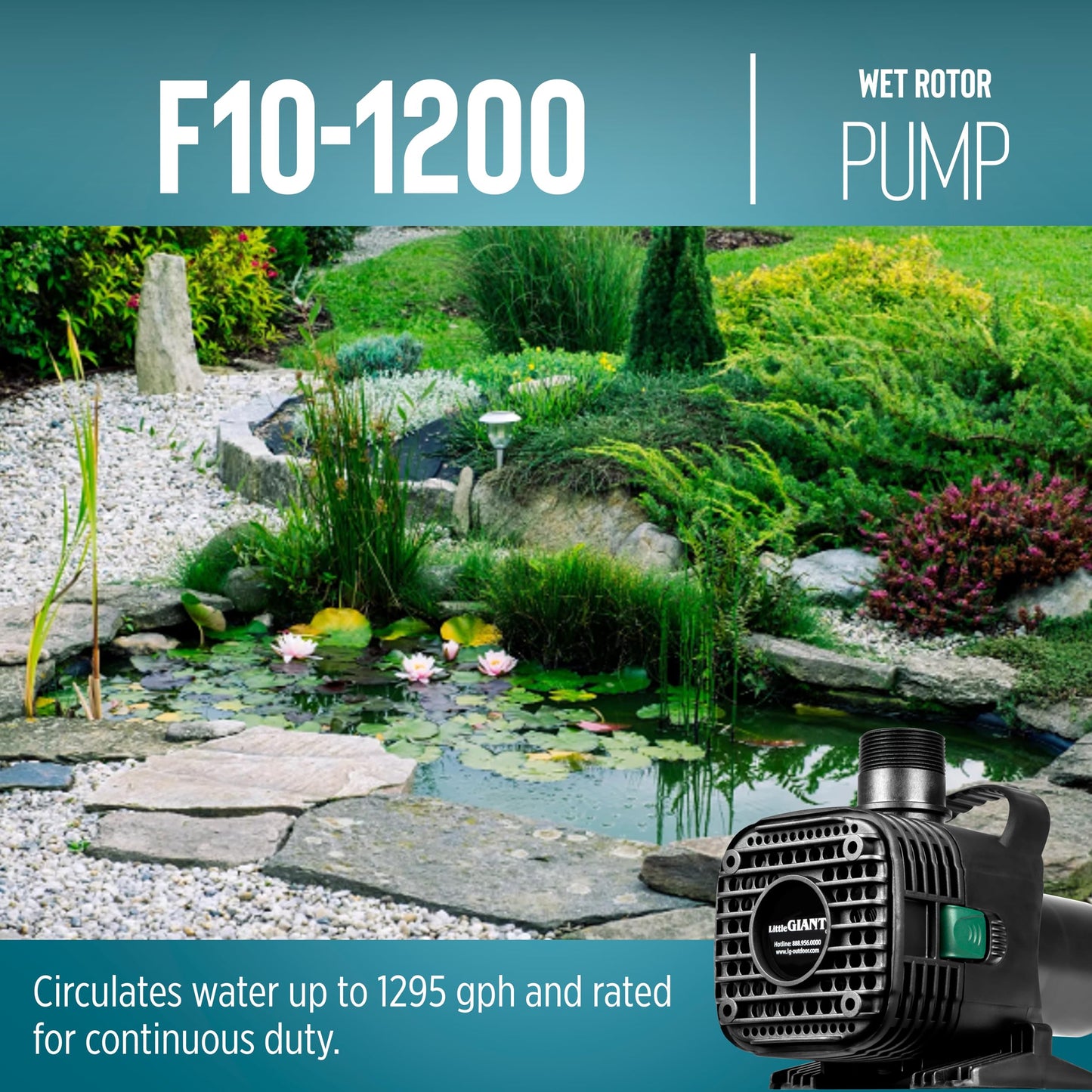 Little Giant 566724 1295GPH Wet Rotor Pump with 20-Ft. Cord for ponds up to 1200 Gallons, Black, F10-1200