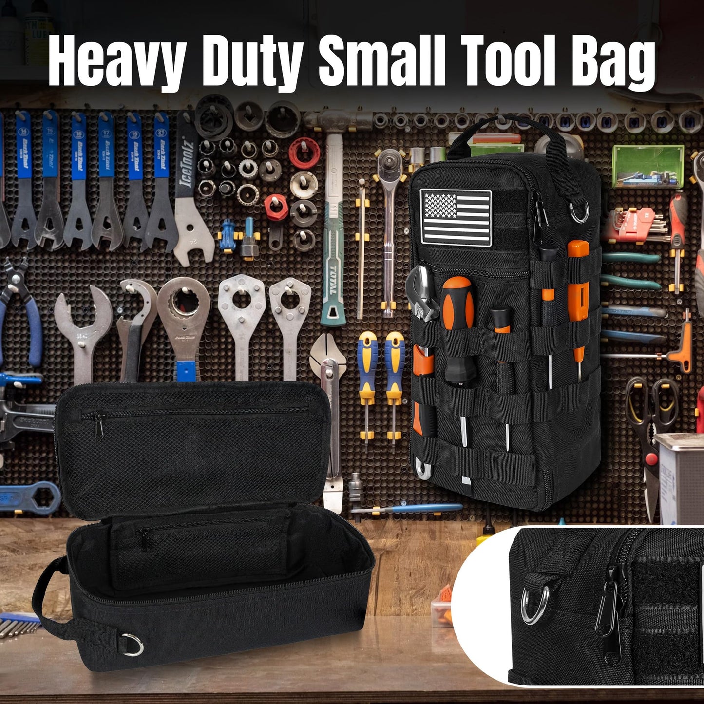 AASTT 13 Inch Portable Small Tool Bag, Heavy Duty Tool Organizer Bag with Shoulder Strap and D-ring Clip, Tactical Tool Bag, Tool Pouch Bag for Electricians, Carpenters, HVAC Technicians (Black)