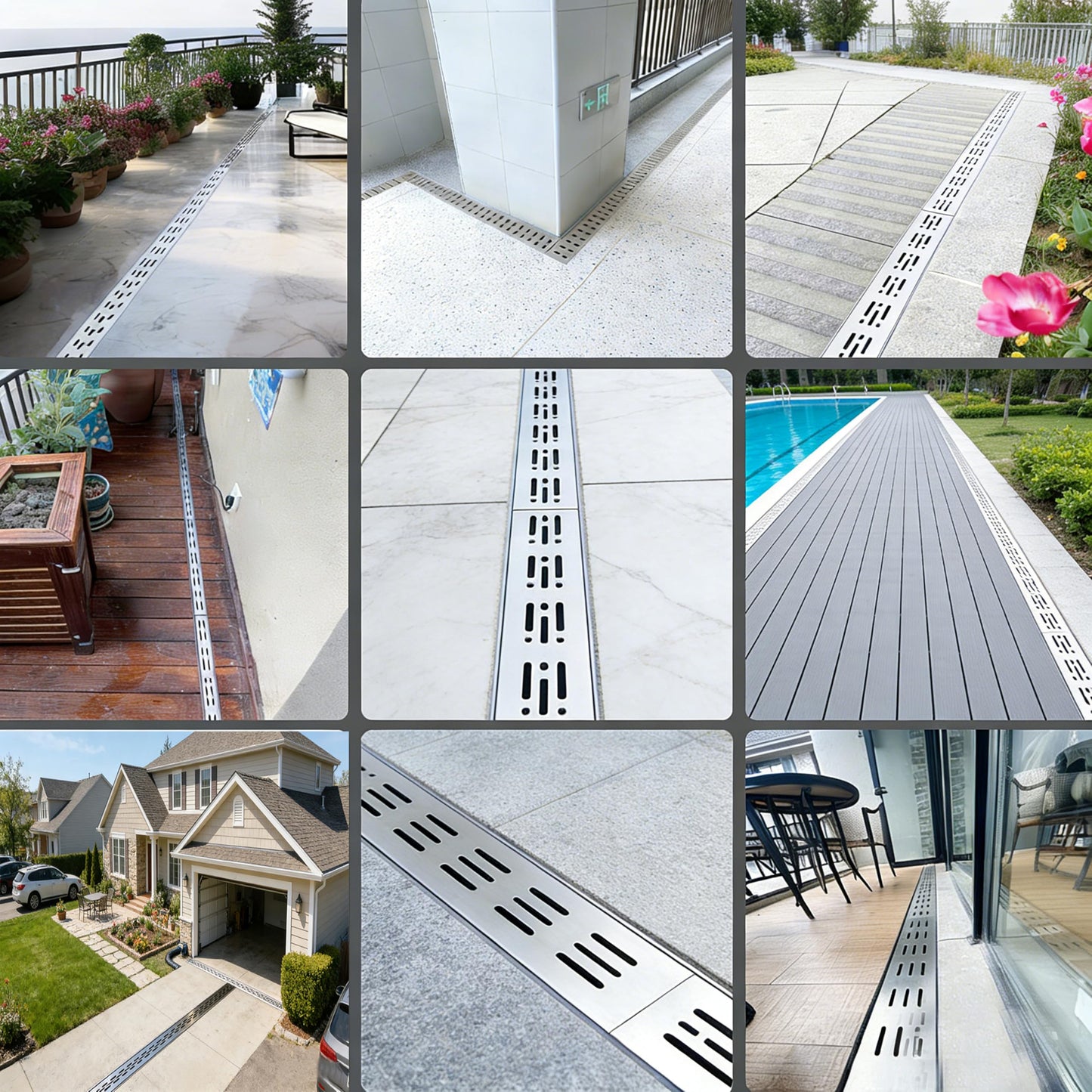 304 Stainless Steel Trench Drain Kit,Narrow Channel Drain with Grate & Coupling, Outdoor Drainage for Pool Deck/Yard/Driveway/Garage (1, Silver Gray, 19.6FT-1.4IN X 1.2IN)