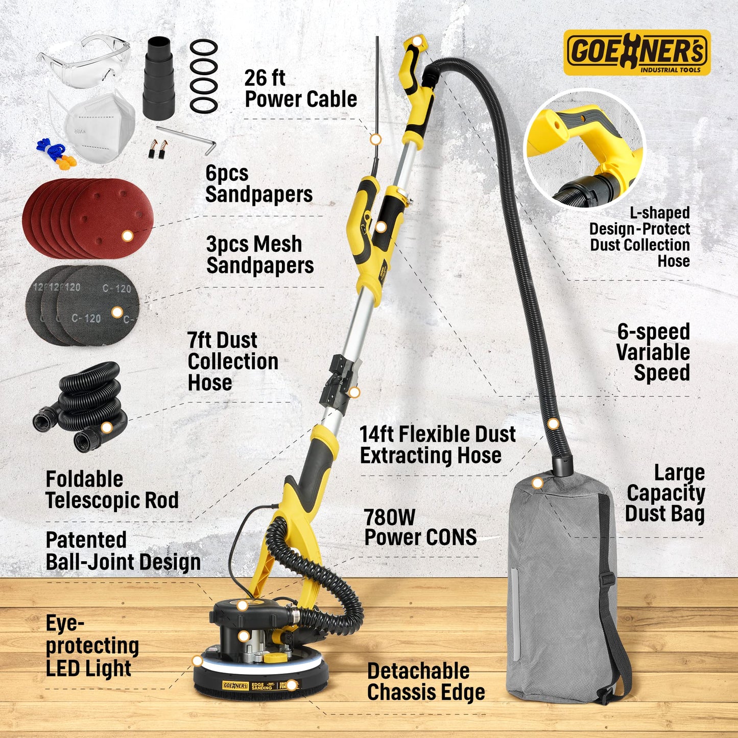 Drywall Sander, 6.5-amp Powerful Electric Drywall Sander with Vacuum, Anto Dust Removal, 7 Variable Speed, 900-1800RPM, Dustless Floor Sander with 26’ Power Cord for Popcorn Ceiling