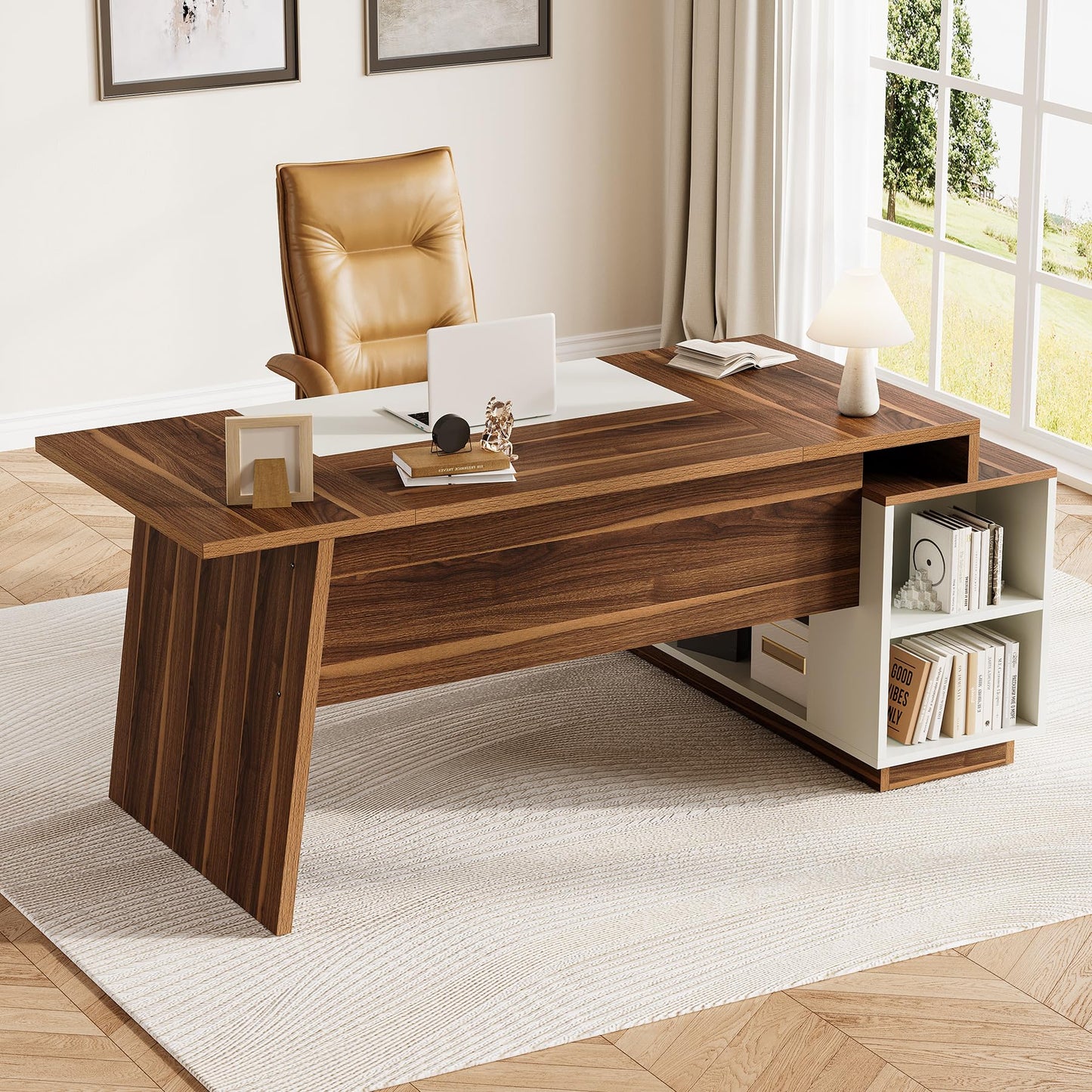 LITTLE TREE 70.5-Inch Executive Desk, Large Home Office Desk with Storage Cabinet and Open Shelves, L-Shaped Computer Corner Desk, Workstation for Office Home, Walnut and Black