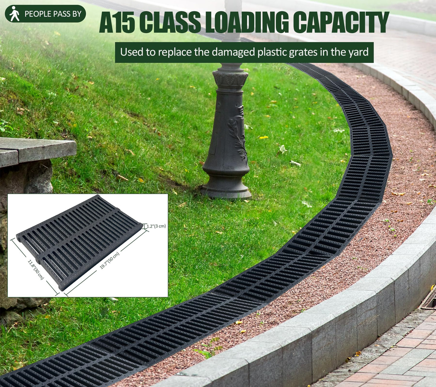 Natotela A15 8 Pack Polymer Plastic Channel Drain Grate-19.7x11.8x1.2 in Durable Trench Cover,Total Length 157.48 in Polymer Drain Strainer,Outdoor Drain Grates for Yard Sidewalk Patio Houseside