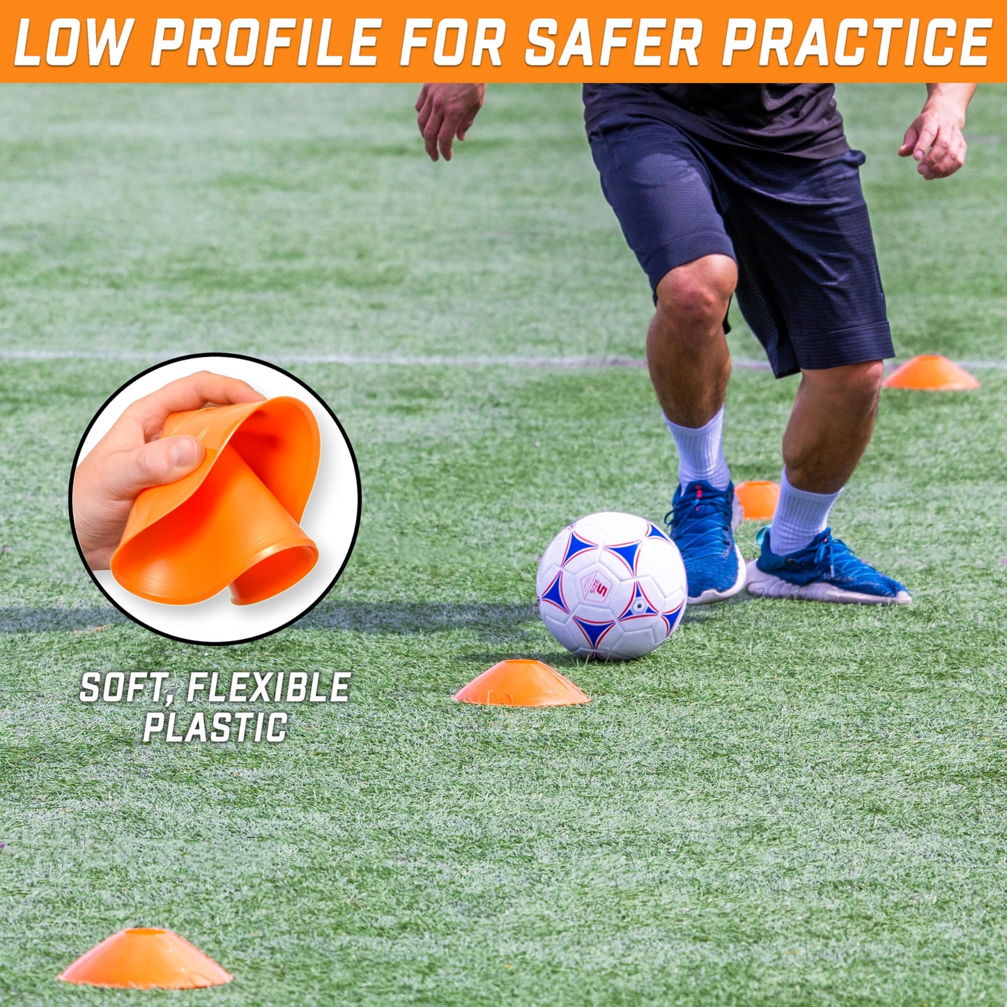 GoSports Agility Training Sport Cone 20 Pack with Tote Bag - Low Profile Field Markers for Kids and Adults