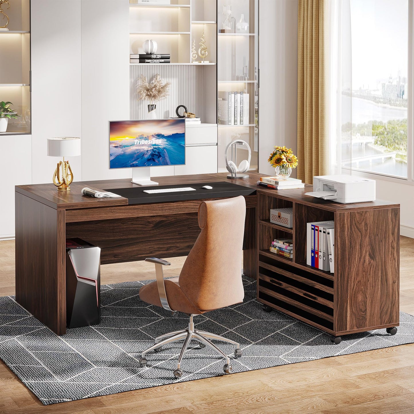 Tribesigns 62.2" Executive Desk with Mobile File Cabinet, L-Shaped Office Desk with Storage Shelves, Large Computer Table Business Workstation Set for Home Office, Dark Brown