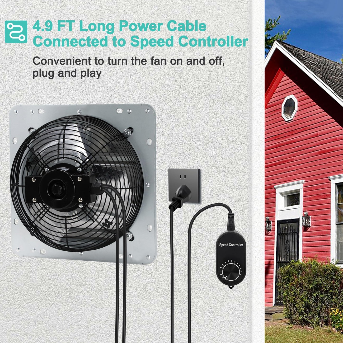 Hipoilk 7 Inch Shutter Exhaust Fan with Speed Controller and Power Cord, Wall Mount Attic Fan for Greenhouses, Sheds, Garages, Chicken Coops, Barns Ventilation, 760 CFM