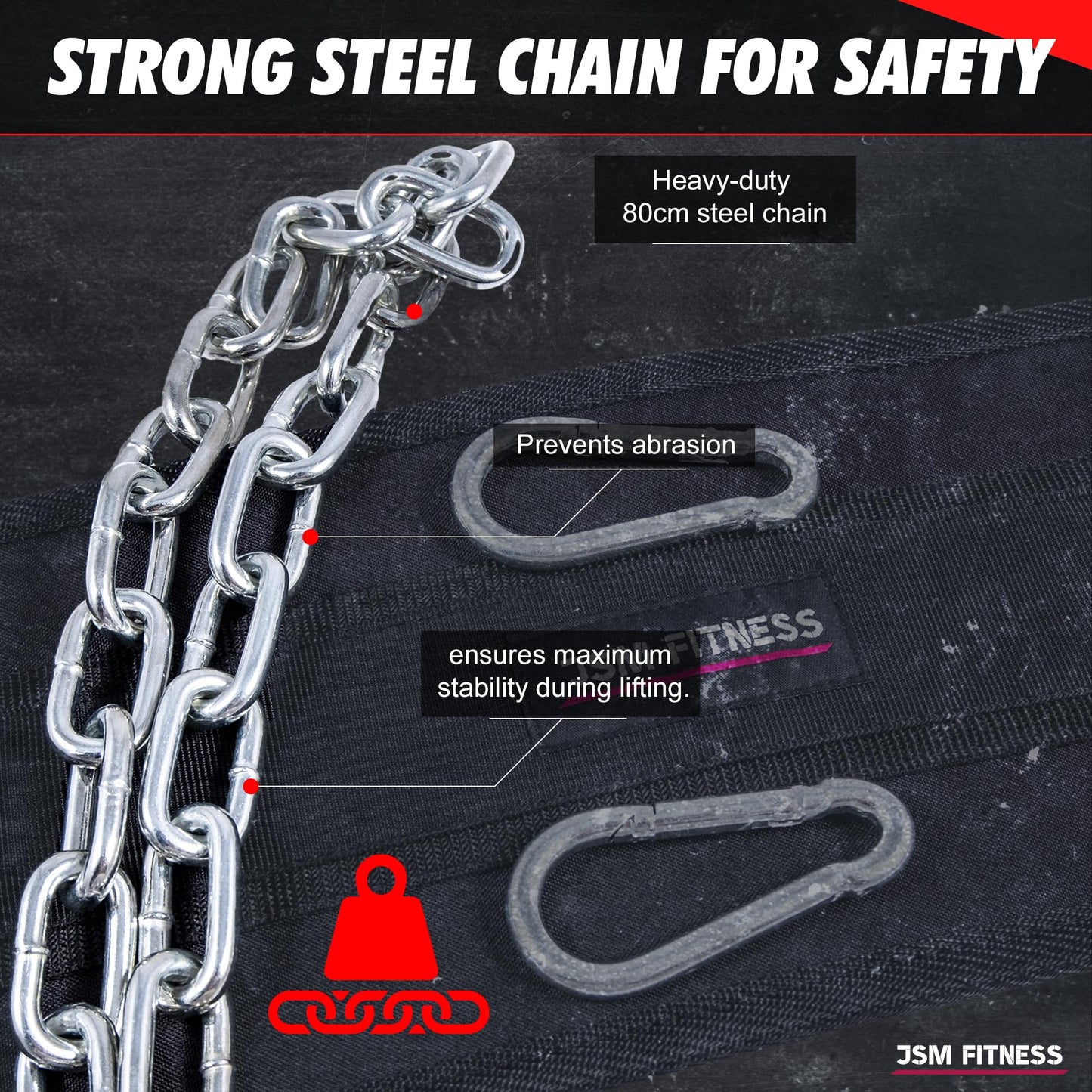 JSM FITNESS Dip Belt for Weight Lifting with a Quick Closure Steel Buckle, Weighted Belt for Pullups & Dips for Men, with Durable Chain and Carabiners, Weightlifting, Squat, Bodybuilding