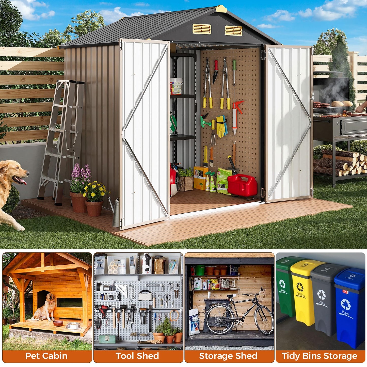 IRONCK 5.7x5.7FT Outdoor Storage Shed, Metal Garden Tool Shed with Breathable Vent and Lockable Doors, Outside Storage for Backyard, Poolside, Patio, Brown