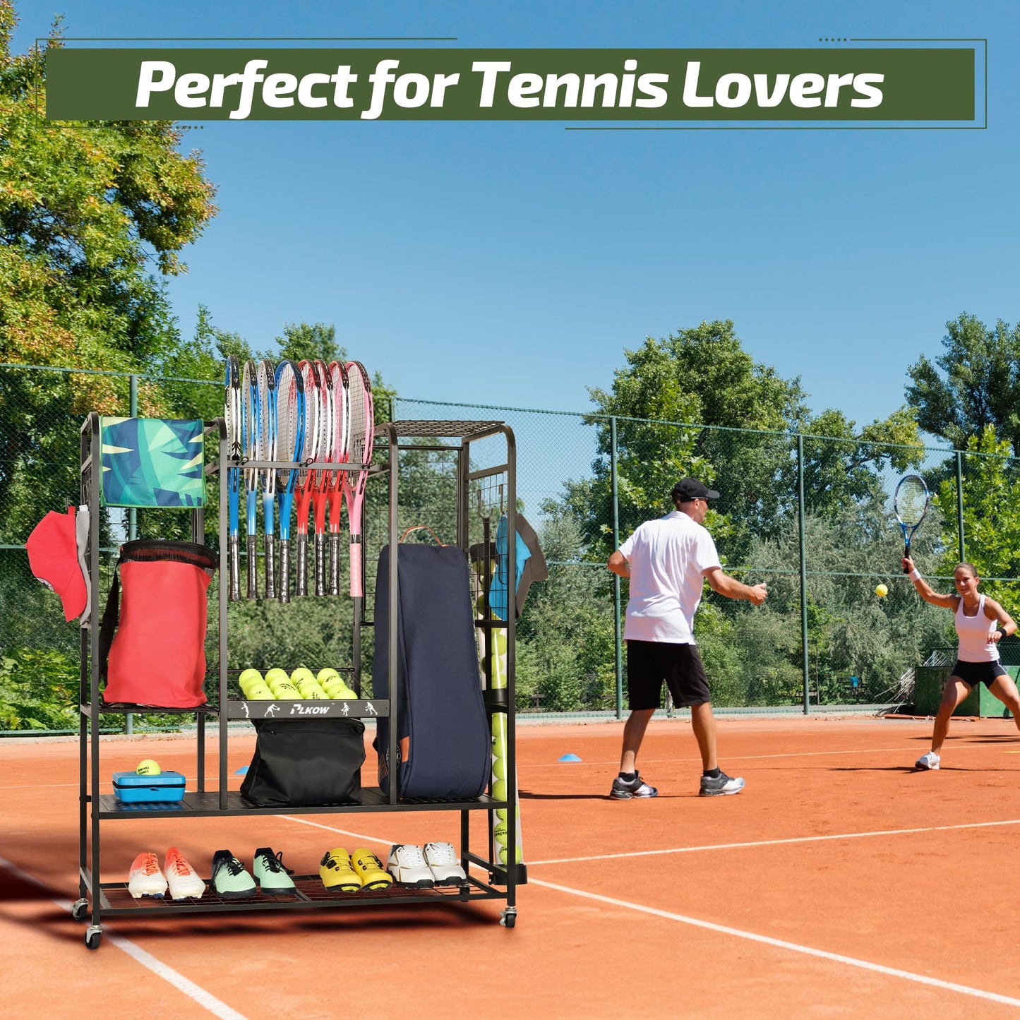 PLKOW Tennis Bag Organizer Tennis Racket Storage Rack, Extra Large Tennis Equipment Holder for Bags, Balls, Racquet & Accessories, Heavy-Duty Gear Organizer for Garage, Club, or School