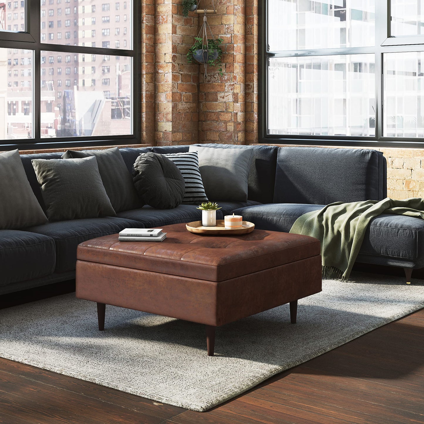 SIMPLIHOME Shay Coffee Table Storage Ottoman - 38 inch Wide Upholstered Vegan Leather Large Square Ottoman in Distressed Saddle Brown, Mid-Century Modern Tufted Ottoman for Living Room with Lift Top