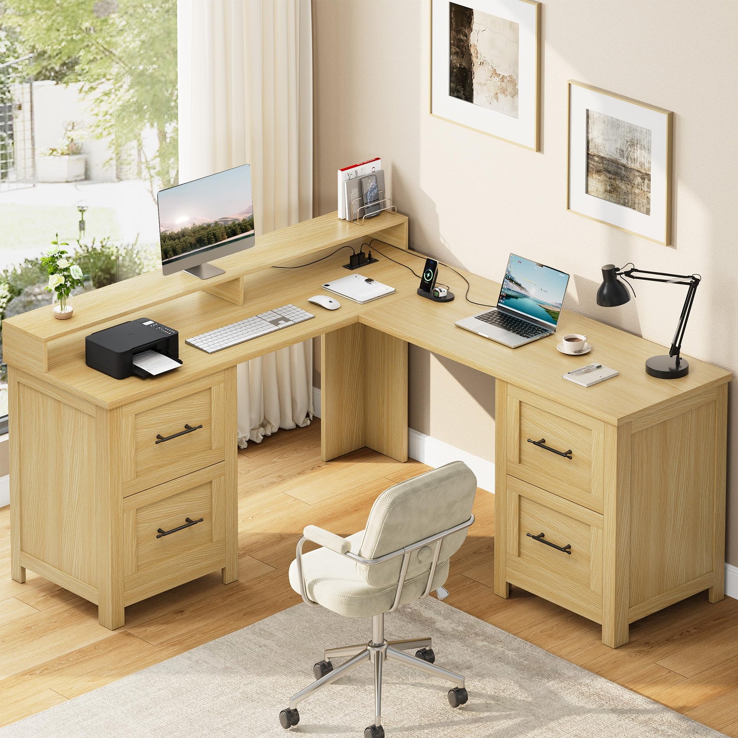 Garvee 63" Executive l Shaped Desk with 4 File Drawers & Power Outlet, Large Corner Computer Desk with Monitor Stand and Power Outlets, Home Office Desks with Storage Drawers