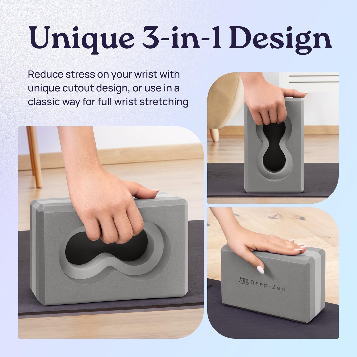 Deep-Zen® Yoga Blocks Wrist Support; Yoga Blocks 2 Pack with Knee Pads and Strap to Put Less Weight on Wrists; Durable, Versatile Yoga Brick Exercise Block Set, Blocks Yoga (Grey)