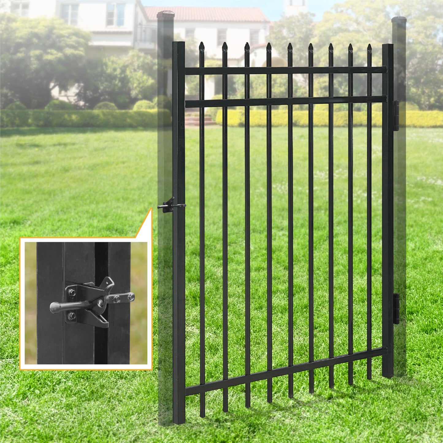 Fencer Wire Heavy Duty Pinnacle Fence Gate, 5FT Height x 4FT Width Outdoor Fence Gate, Outdoor Anti-Rust Metal Steel Gate for Fencing Barrier, Decorative Garden Gate with Gate Lock