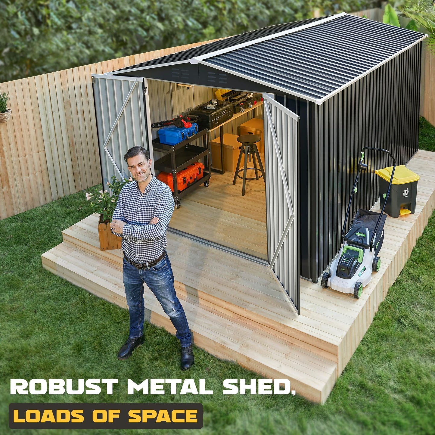 Polar Aurora 8 x 12 FT Outdoor Storage Shed, Metal Garden Shed with Updated Frame Structure, Tool Sheds for Backyard Garden Patio Lawn Black
