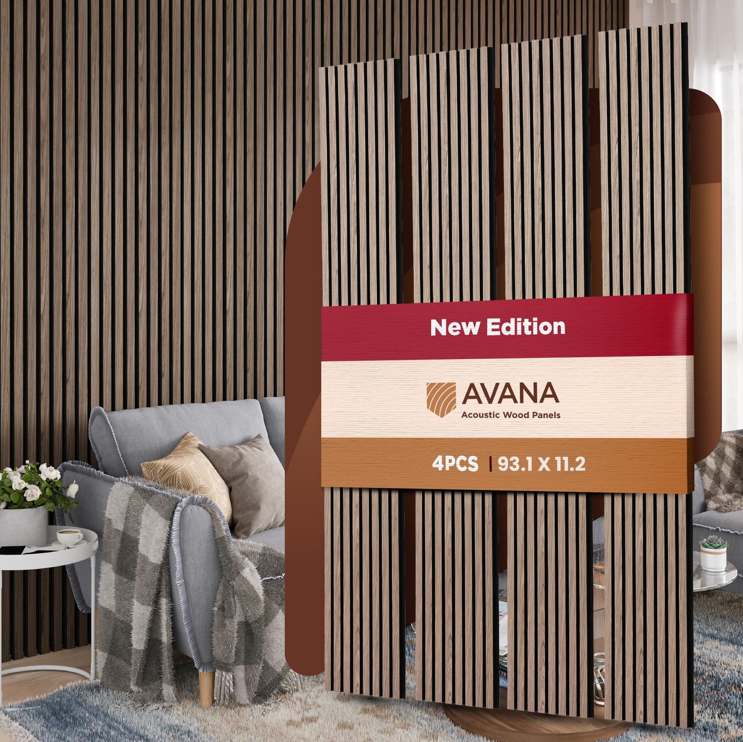 Avana Acoustic Wood Wall Panels –93.2x11.25 Inch Panels – Fits 94x12 Layout – Natural Walnut Acoustic Panels 4 PCs –Wall Panels For Interior Wall Decor For Homes, Offices – Design Wood Panels For Wall