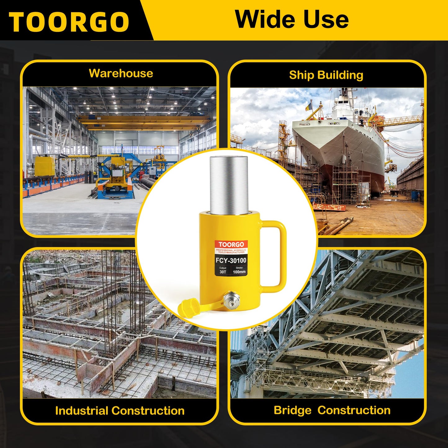 TOORGO 30T 4Inch Stroke Porta Power Single Acting Lifting Cylinder for Shipbuilding, Machinery and Industry,Automatically Retract Split Hydraulic Cylinders Jacks, Yellow