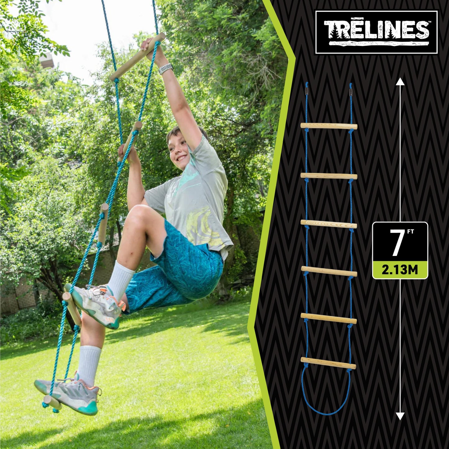 Trelines 7 ft. Wooden Climbing Rope Ladder - Kids Ninja Warrior Obstacle Course Accessory - Perfect for Enhancing a Ninja Slackline, Tree Branch, Swing Set Kit - Tree Play Equipment - Ages 5+ 250 lbs.