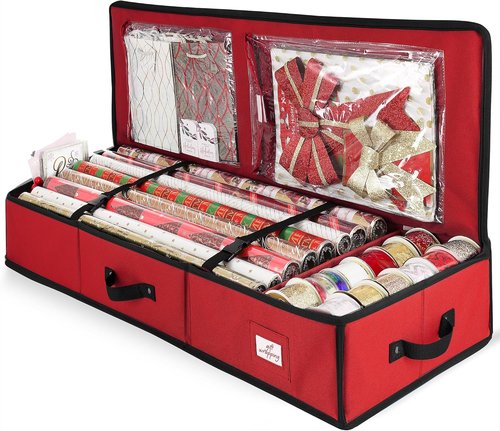 Hearth & Harbor Wrapping Paper Storage Container - Tear-Proof Christmas Gift Wrap Organizer | Fits 22 Rolls, Red