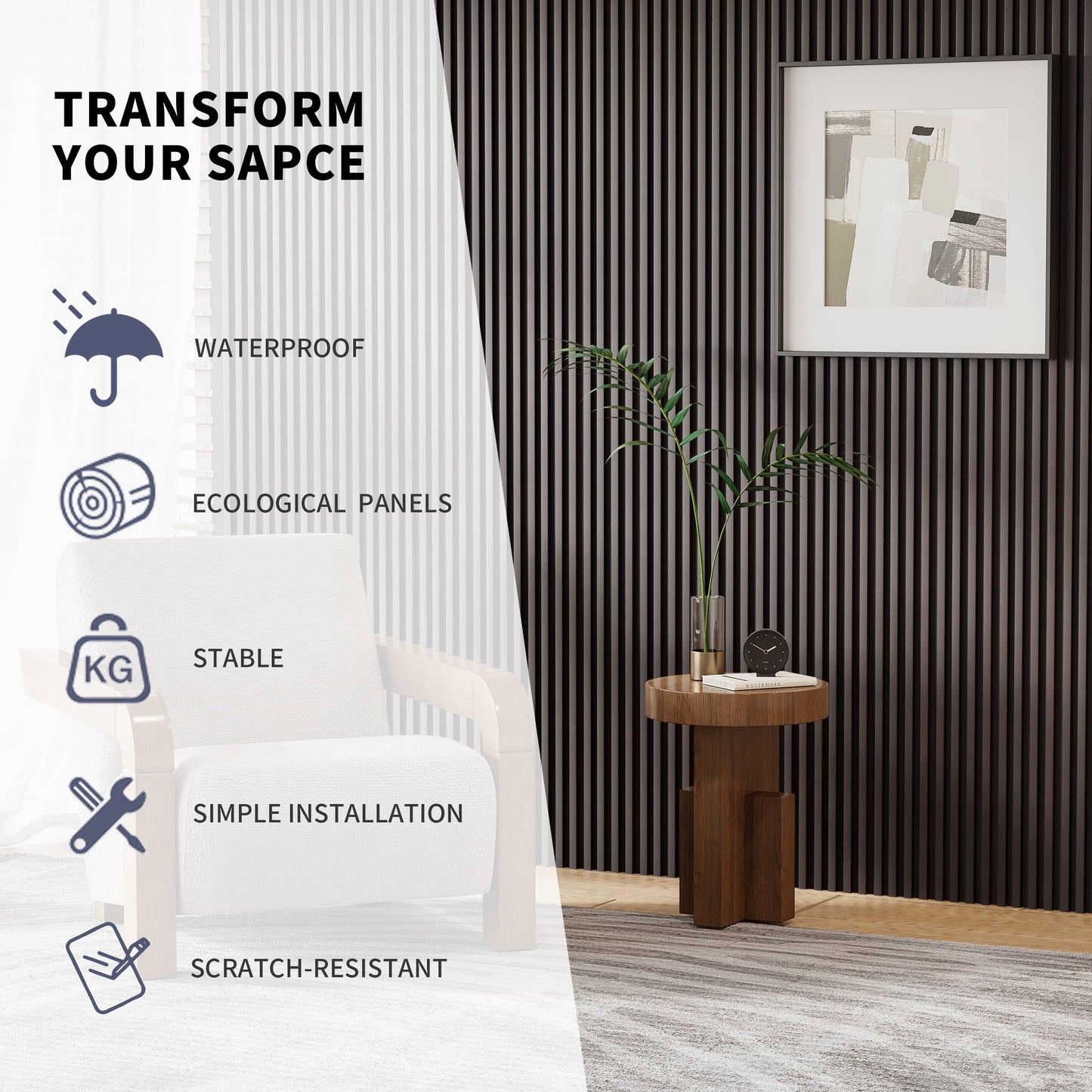 POHARE WPC Slat Wall Panels, 8 Pack Accent Decorative Acoustic Wood Slats for Wall and Ceilings, Acoustic Panels for Interior Wall Modern Décor, Black Brown, 95 x 6 in