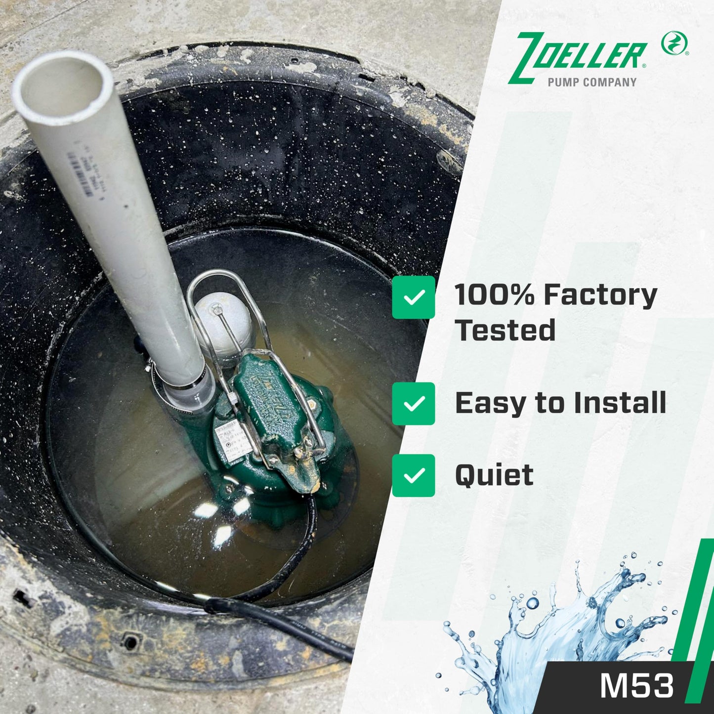 Zoeller - Mighty Mate M53 Sump Pump - 3/10 HP - Cast Iron - LED Power Plug & 9’ Cord - Vortex Impeller - Stainless Steel Hardware - Float Operated - Submersible Sump Pump - 115V